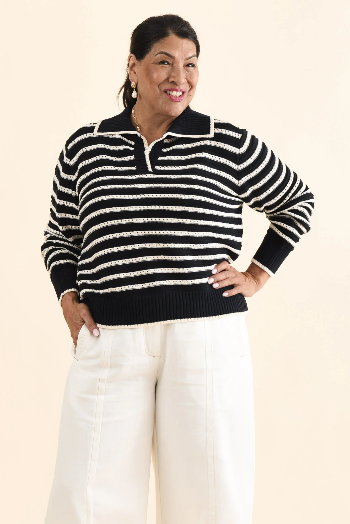Aberdeen Navy Stripe Cotton Knit Jumper - Image 9