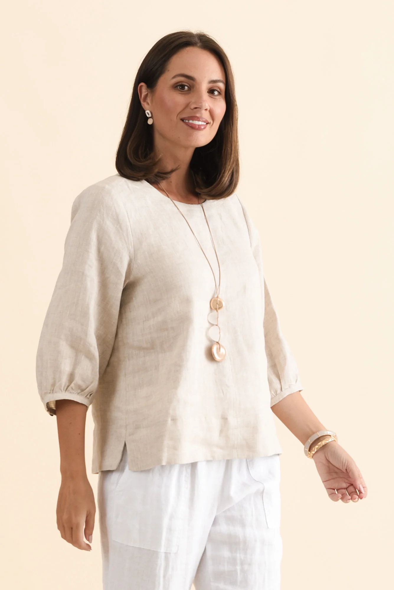 Addie Beige Linen Sleeved Top - Image 4