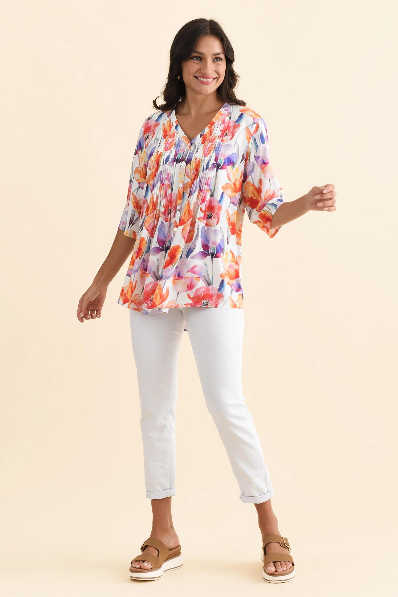 Alby Orange Flower Pleated Blouse - Image 6
