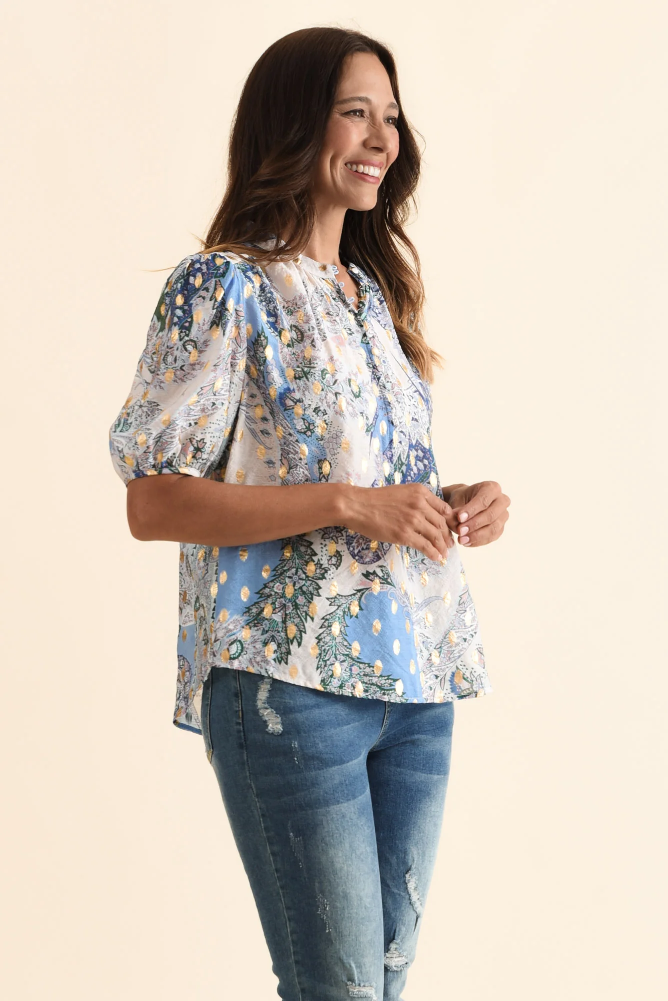 Alexandra Blue Abstract Button Top - Image 4
