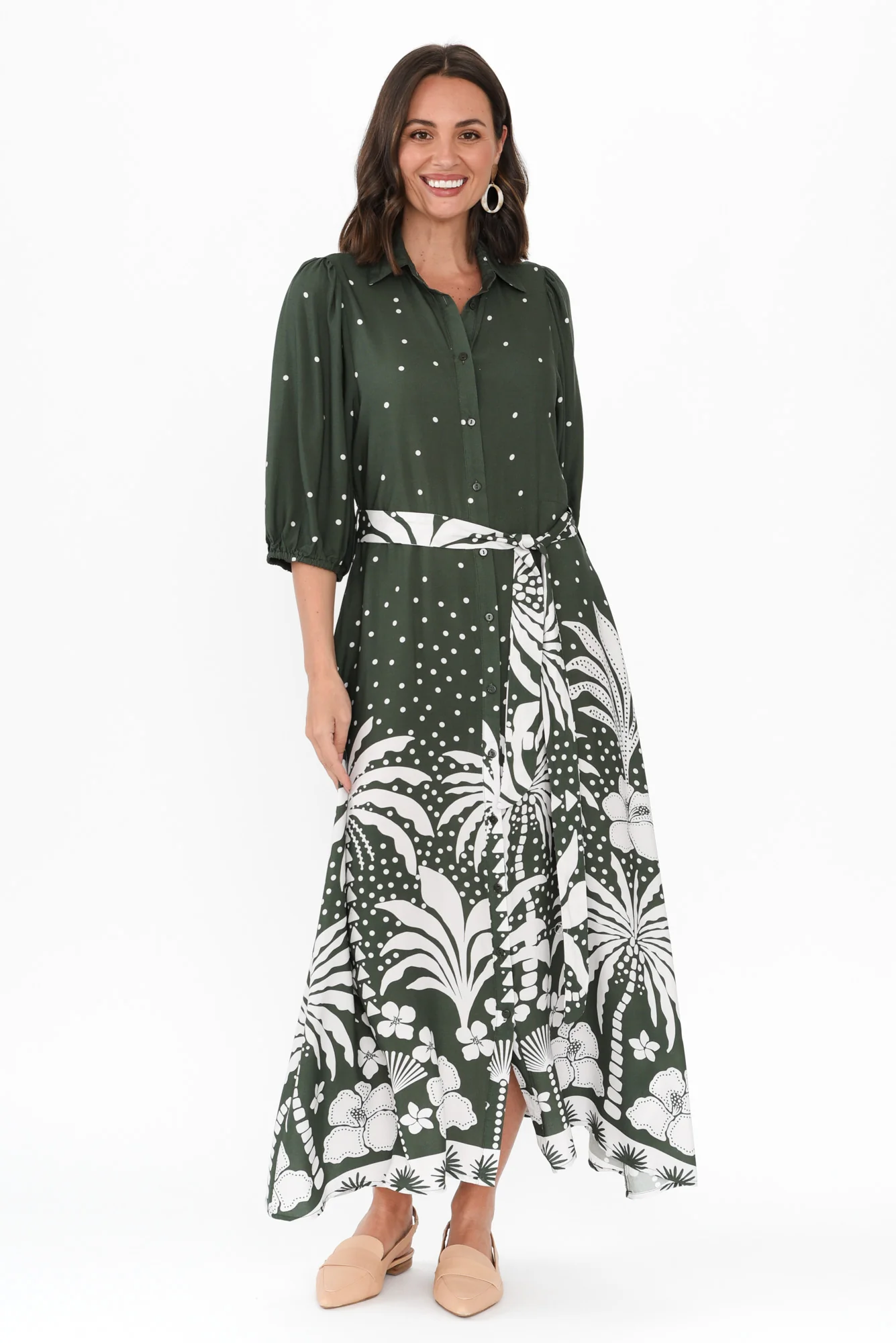 Alivia Khaki Tropical Shirt Dress