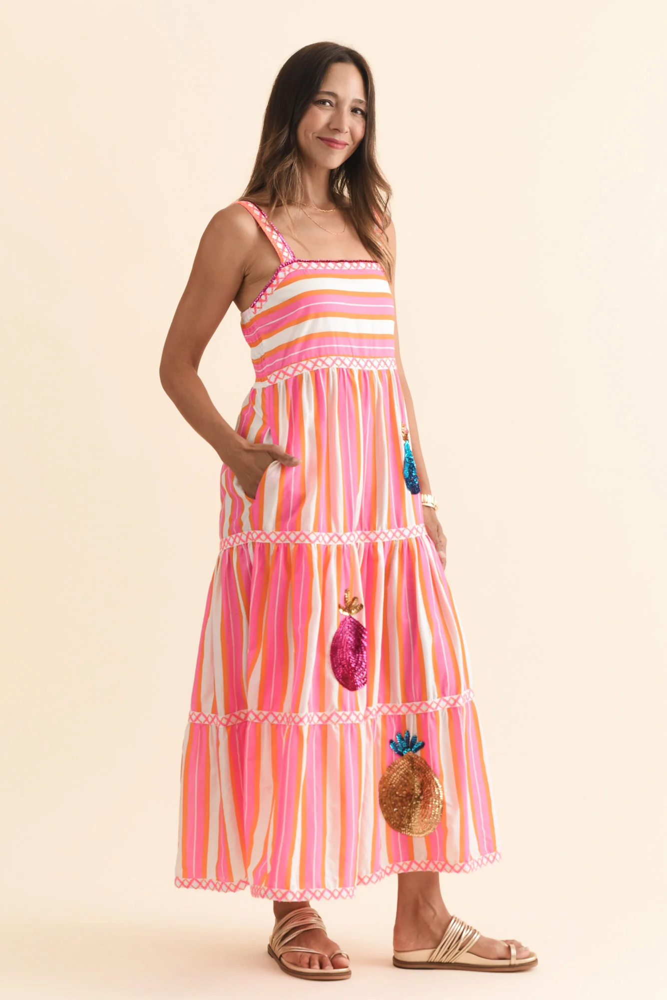 Alix Pink Stripe Cotton Tier Dress - Image 3