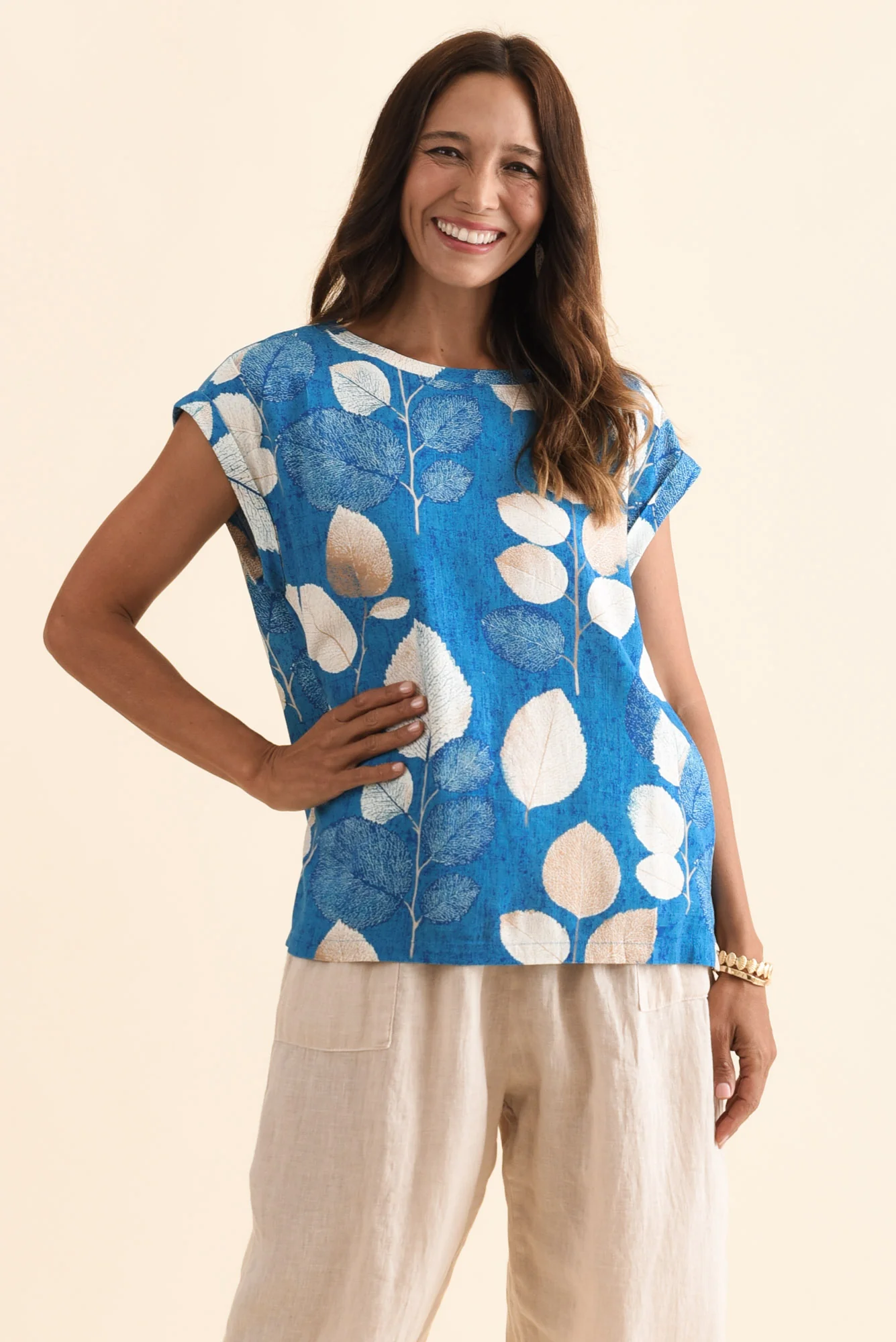 Alta Blue Leaf Linen Cotton Top