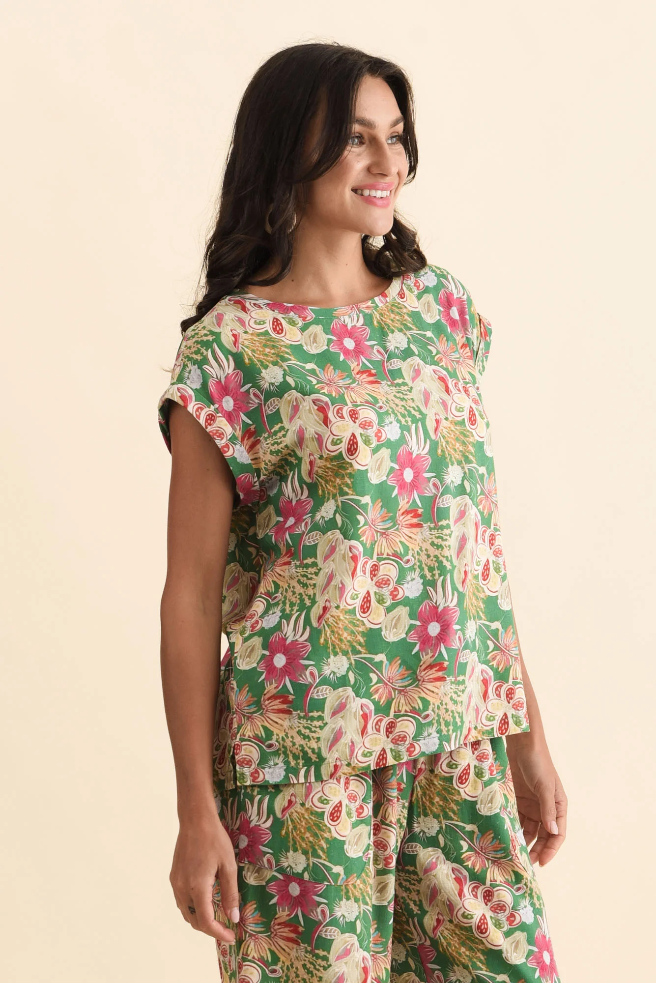 Alta Green Flower Linen Cotton Top - Image 4