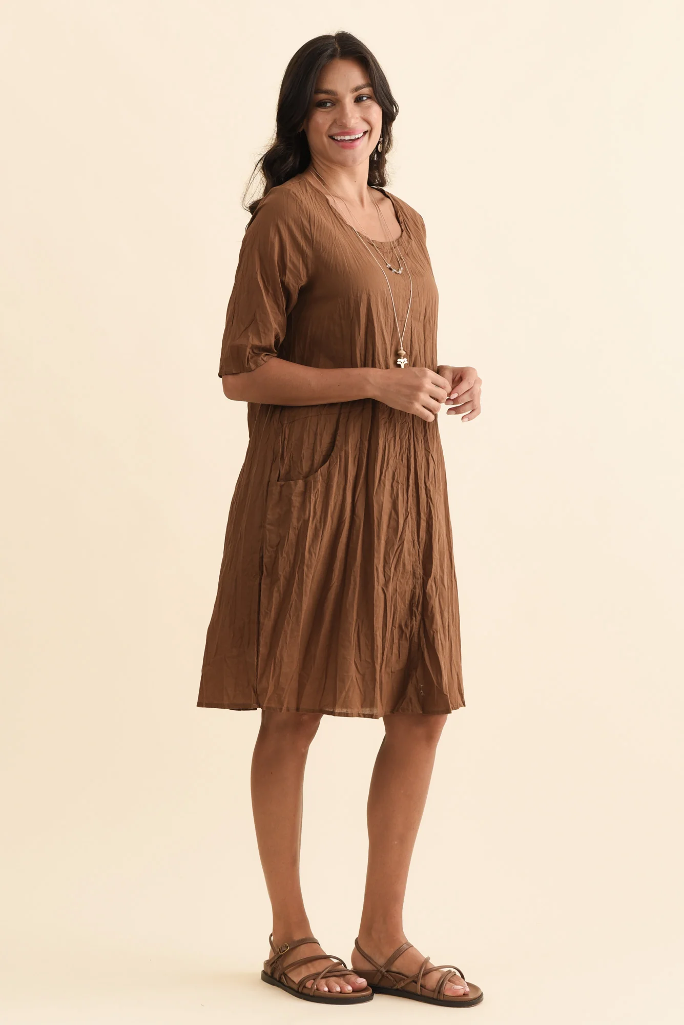 Andora Chocolate Crinkle Cotton Dress - Image 3