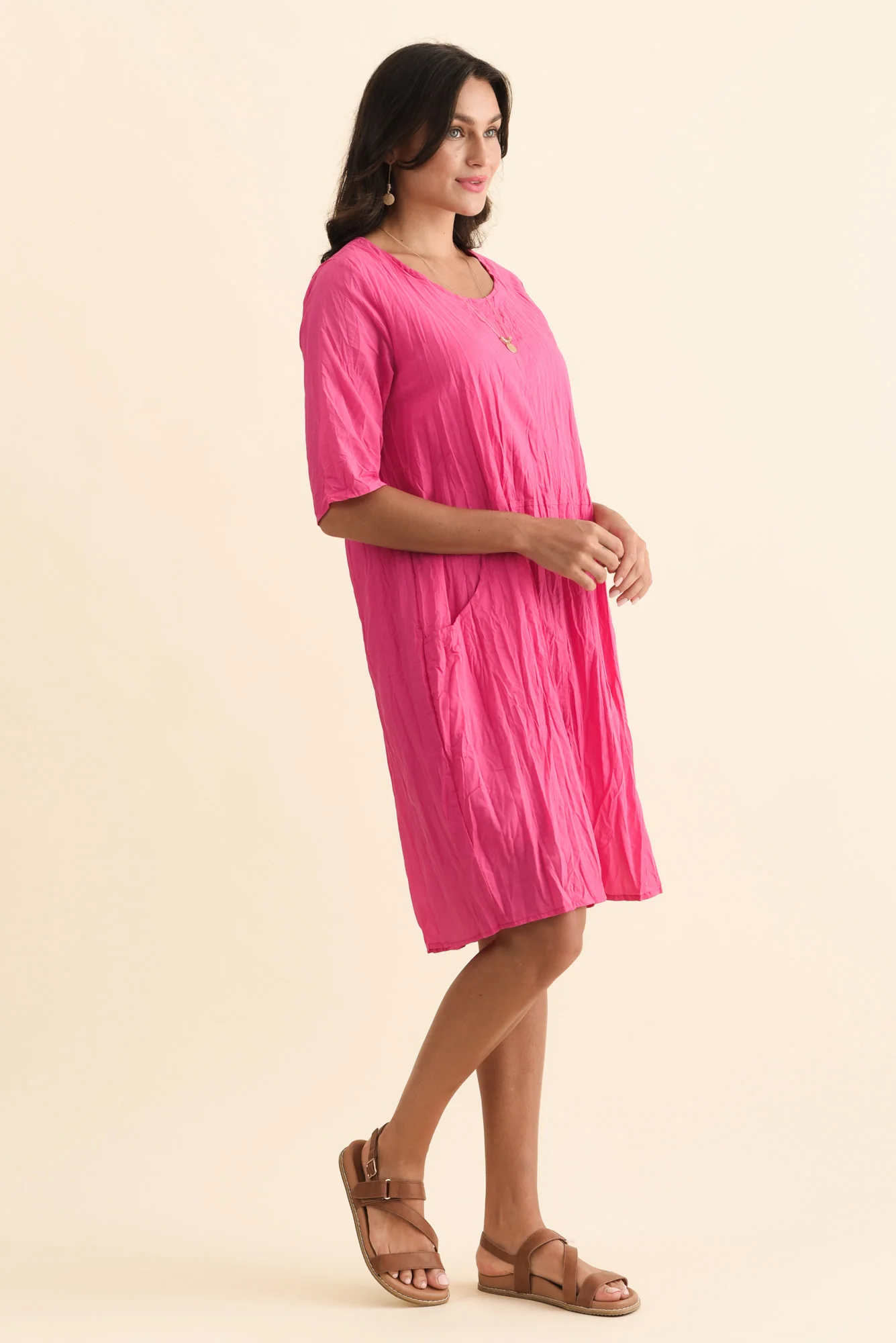 Andora Hot Pink Crinkle Cotton Dress - Image 3