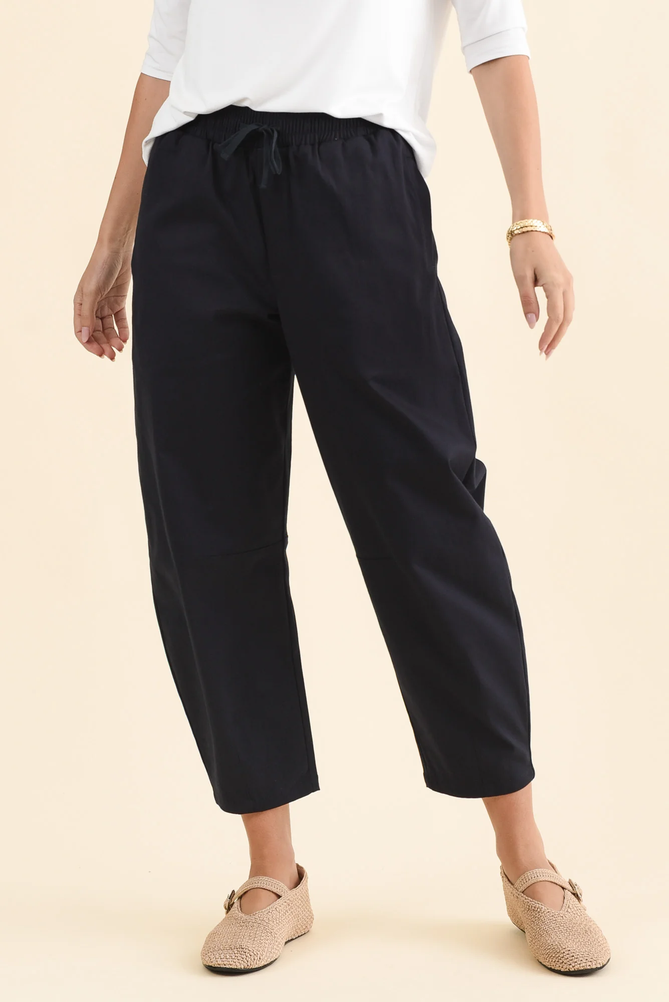 Andy Navy Cotton Cropped Barrel Pants