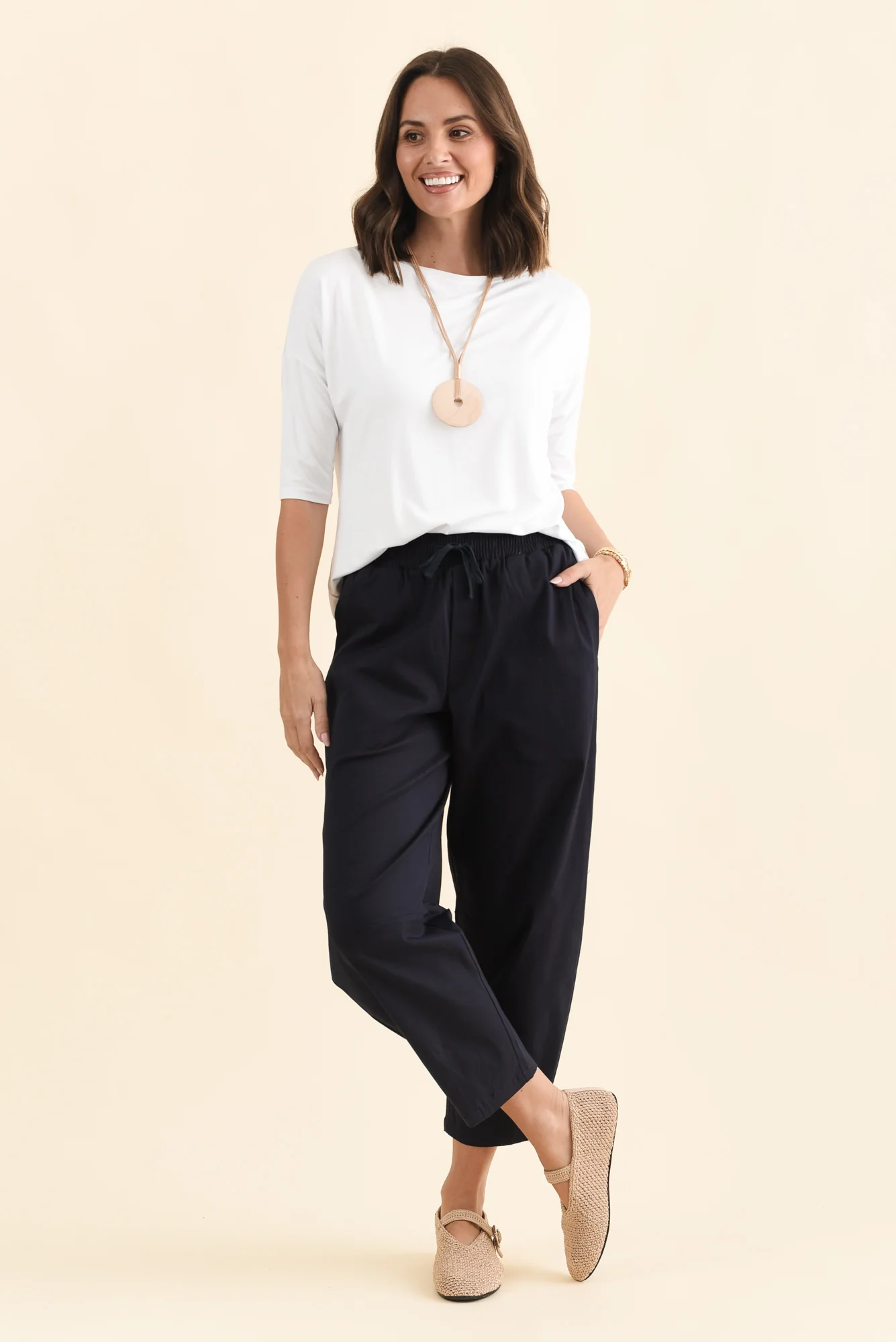 Andy Navy Cotton Cropped Barrel Pants - Image 2