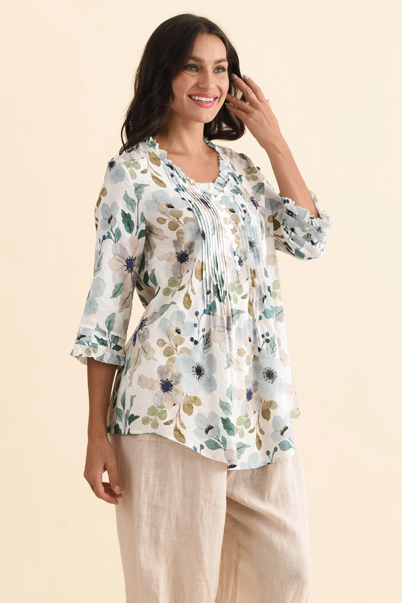 Angelo Blue Floral Cotton Button Top - Image 3