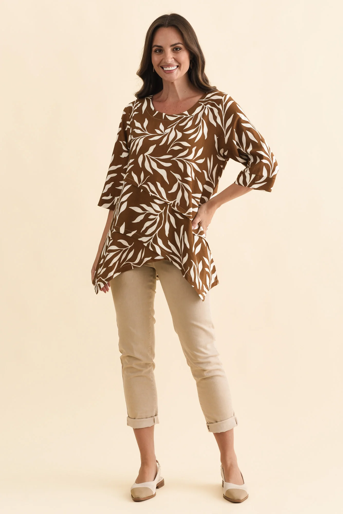 Anya Brown Leaf Linen Cotton Top - Image 3