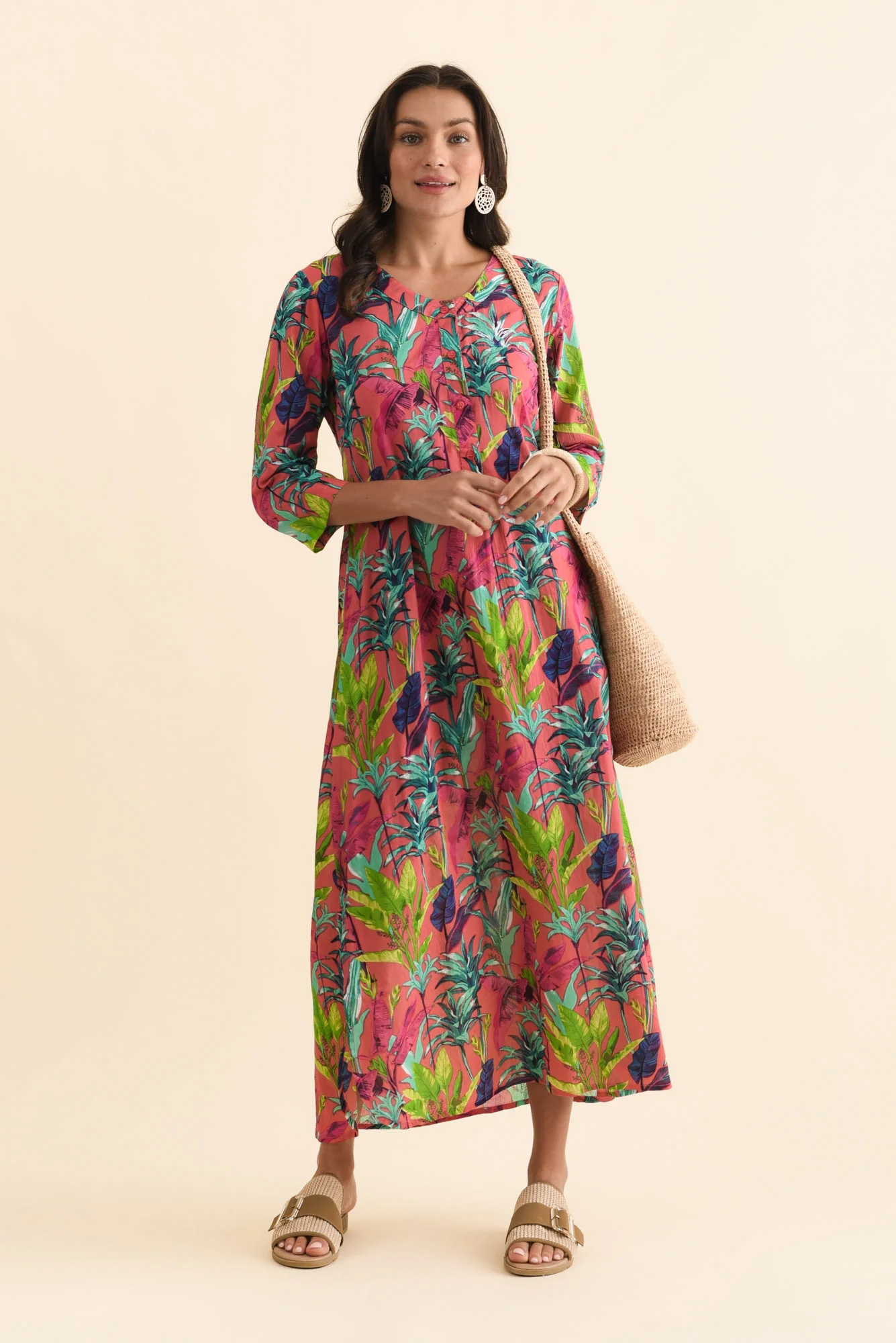 Apia Pink Tropical Cotton Maxi Dress