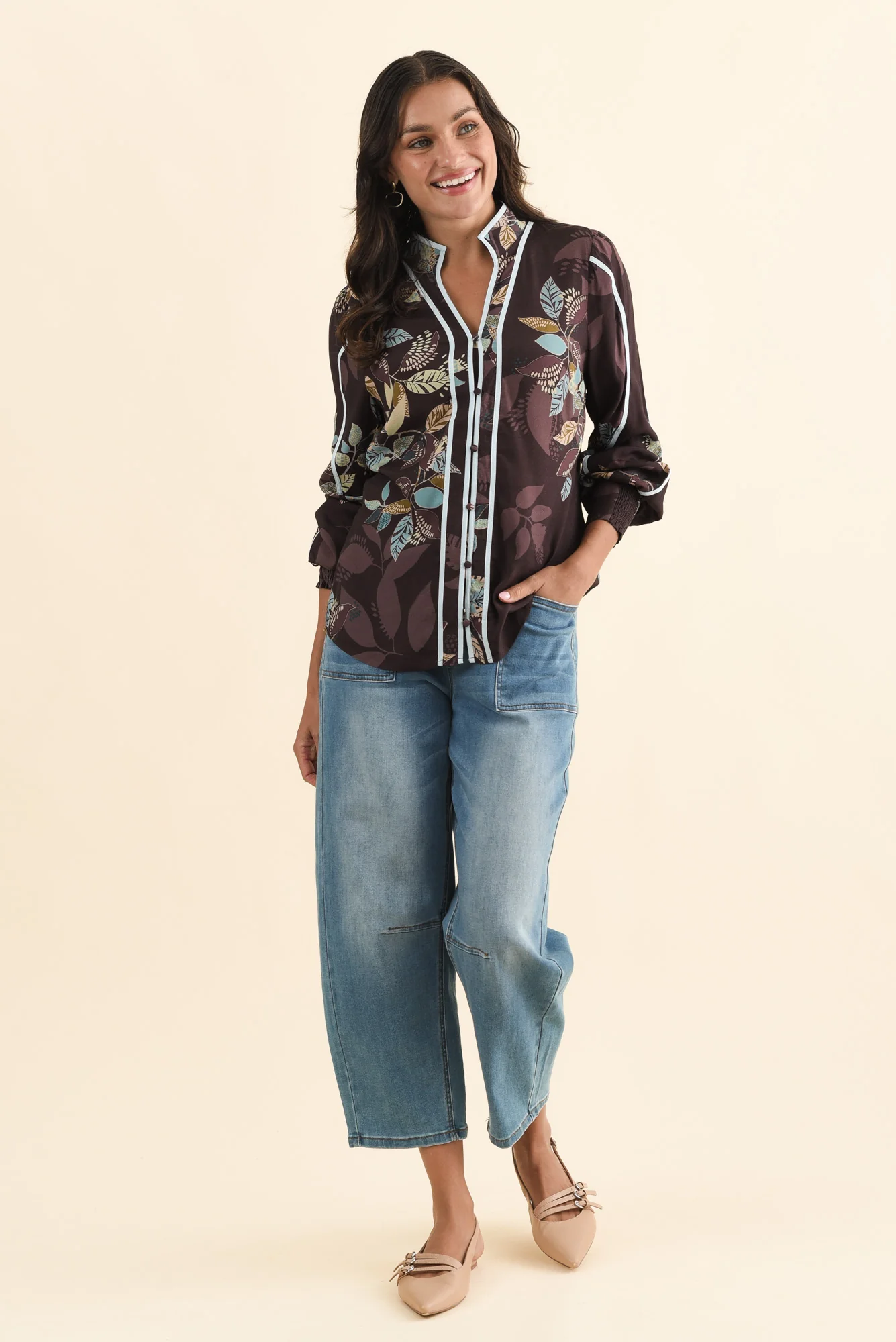 Asher Brown Leaf Contrast Blouse - Image 2