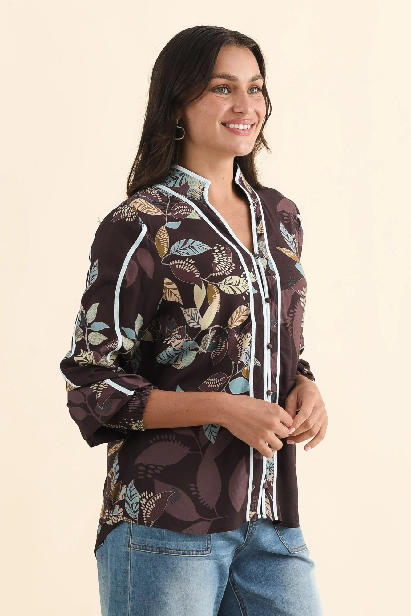 Asher Brown Leaf Contrast Blouse - Image 3