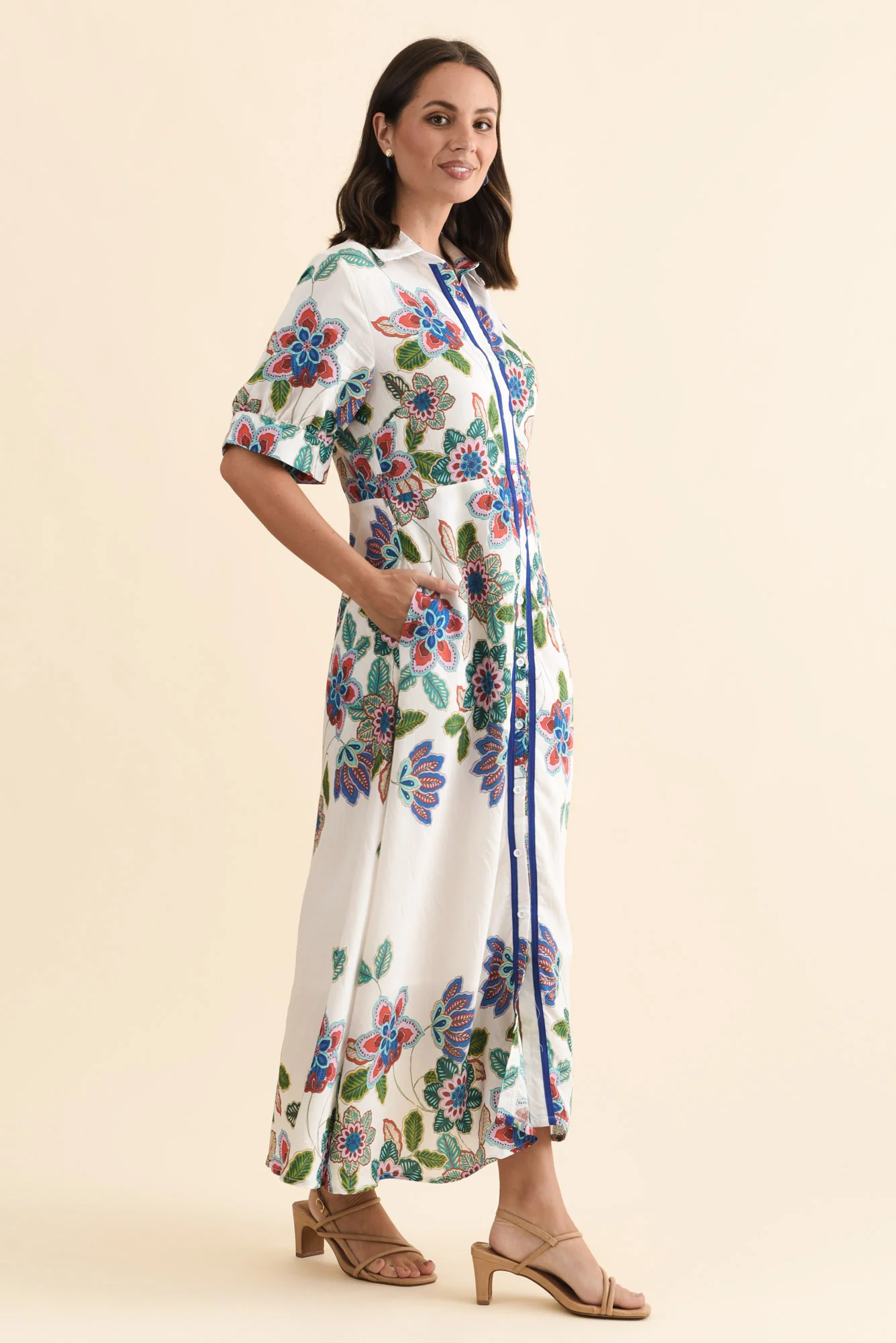 Athens White Floral Linen Cotton Dress - Image 3