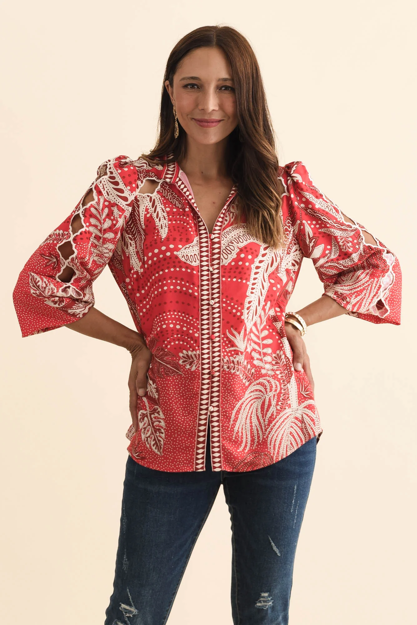 Audrey Red Palm Embroidered Blouse
