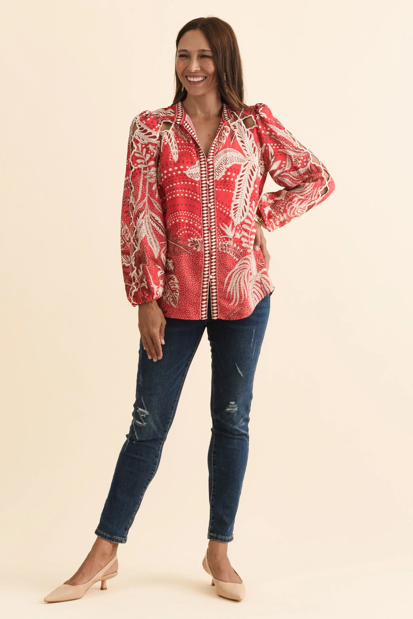 Audrey Red Palm Embroidered Blouse - Image 2