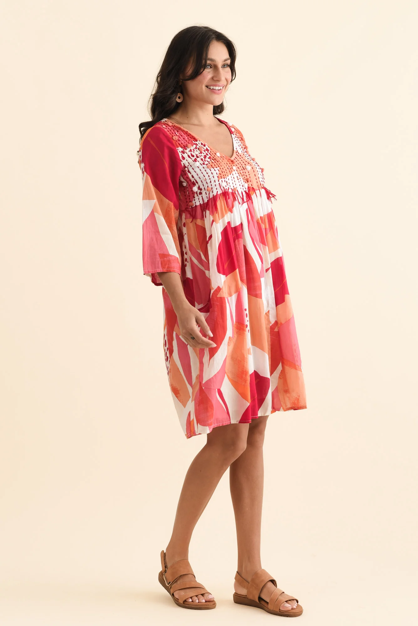 Ava Pink Abstract Cotton Pocket Dress - Image 3