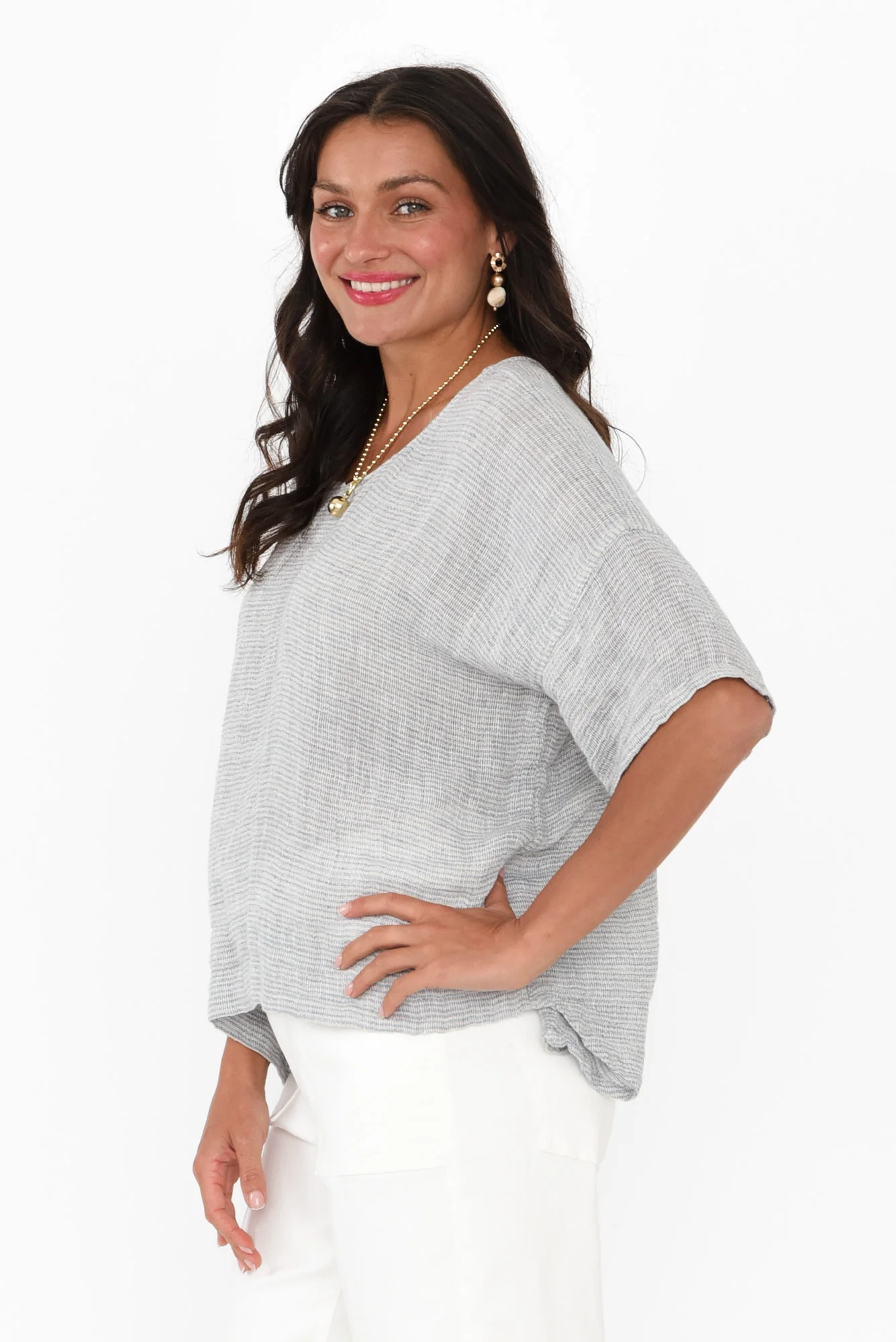 Barbara Light Blue Stripe Linen Top - Image 3