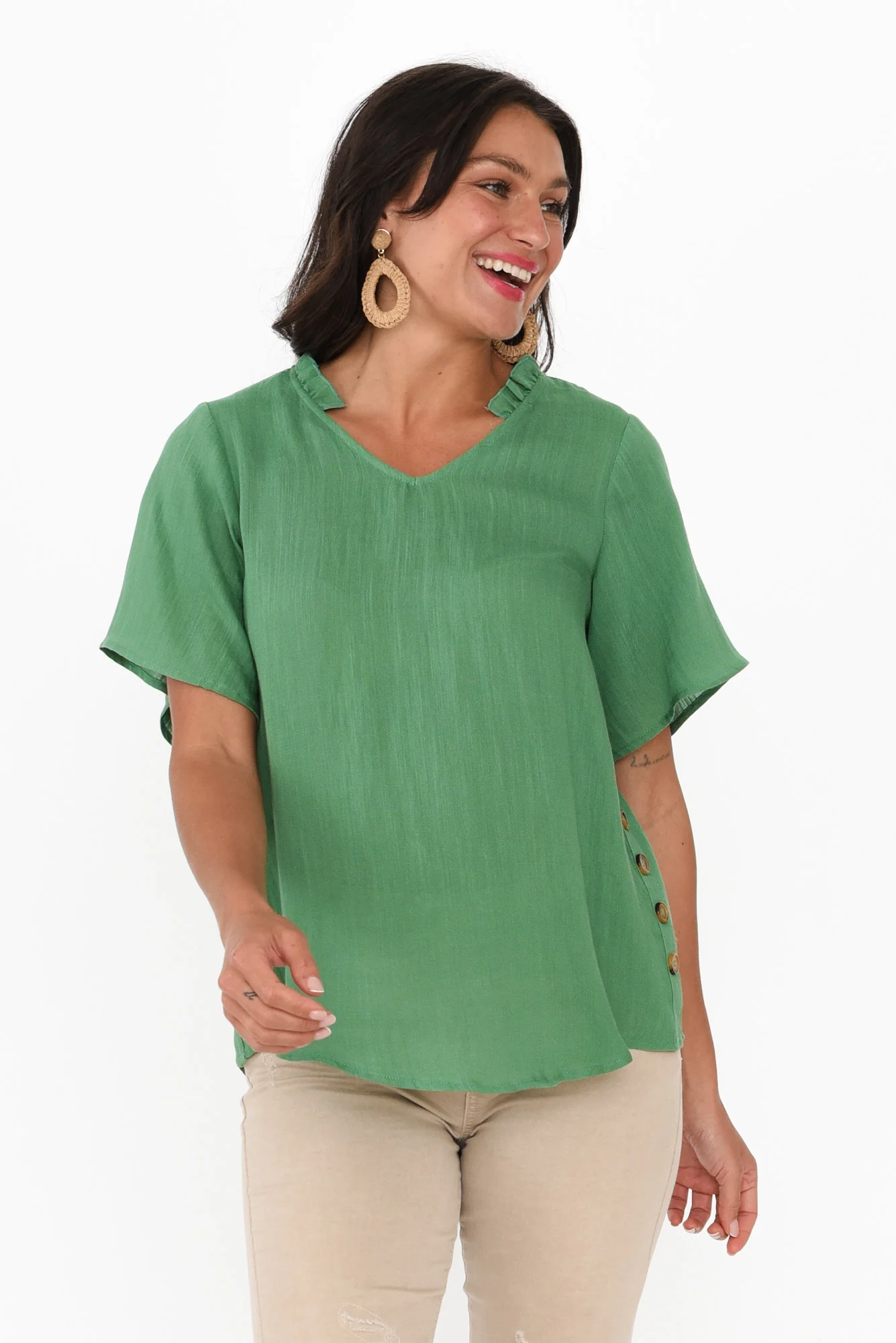 Bari Green Linen Button Top