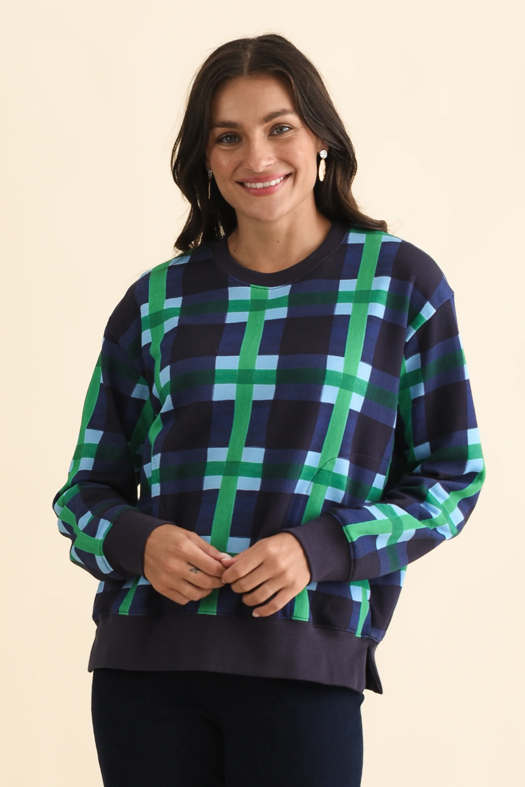 Bari Navy Check Cotton Crewneck Sweatshirt - Image 2