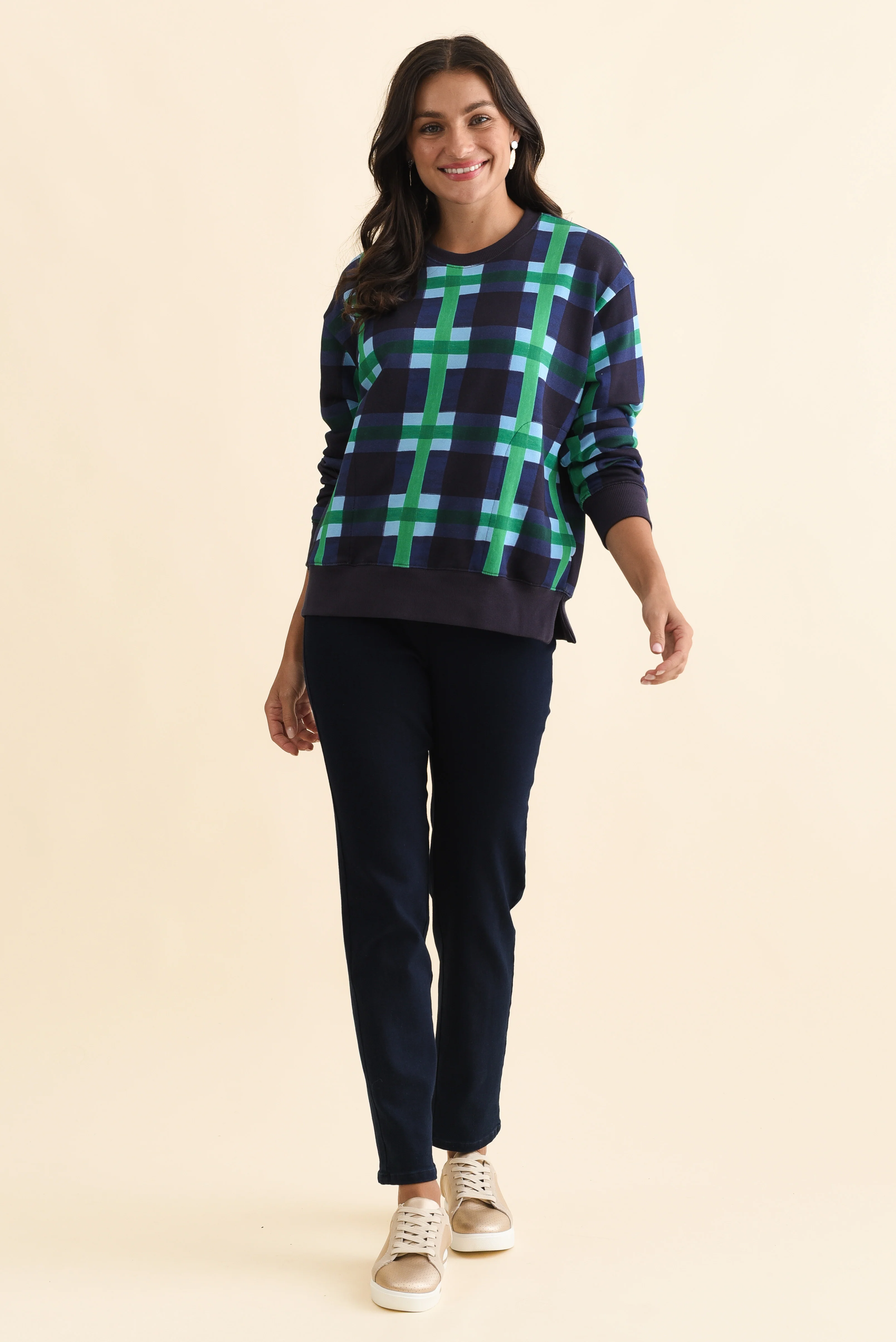 Bari Navy Check Cotton Crewneck Sweatshirt - Image 3