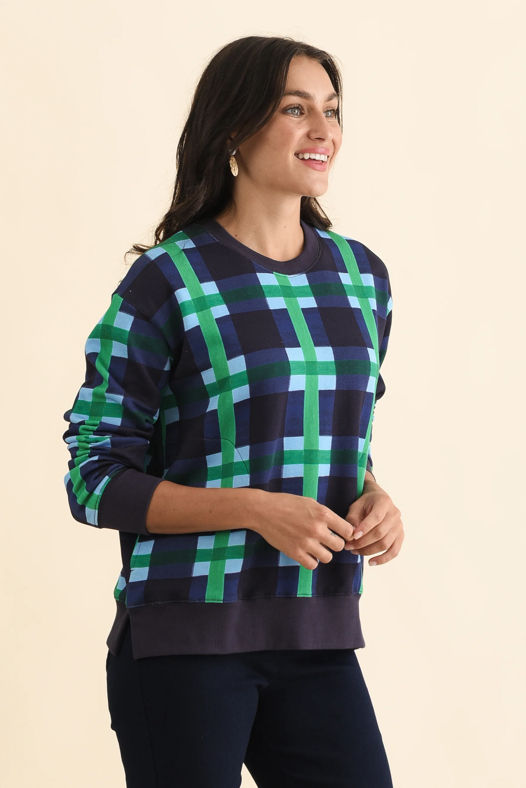 Bari Navy Check Cotton Crewneck Sweatshirt - Image 4