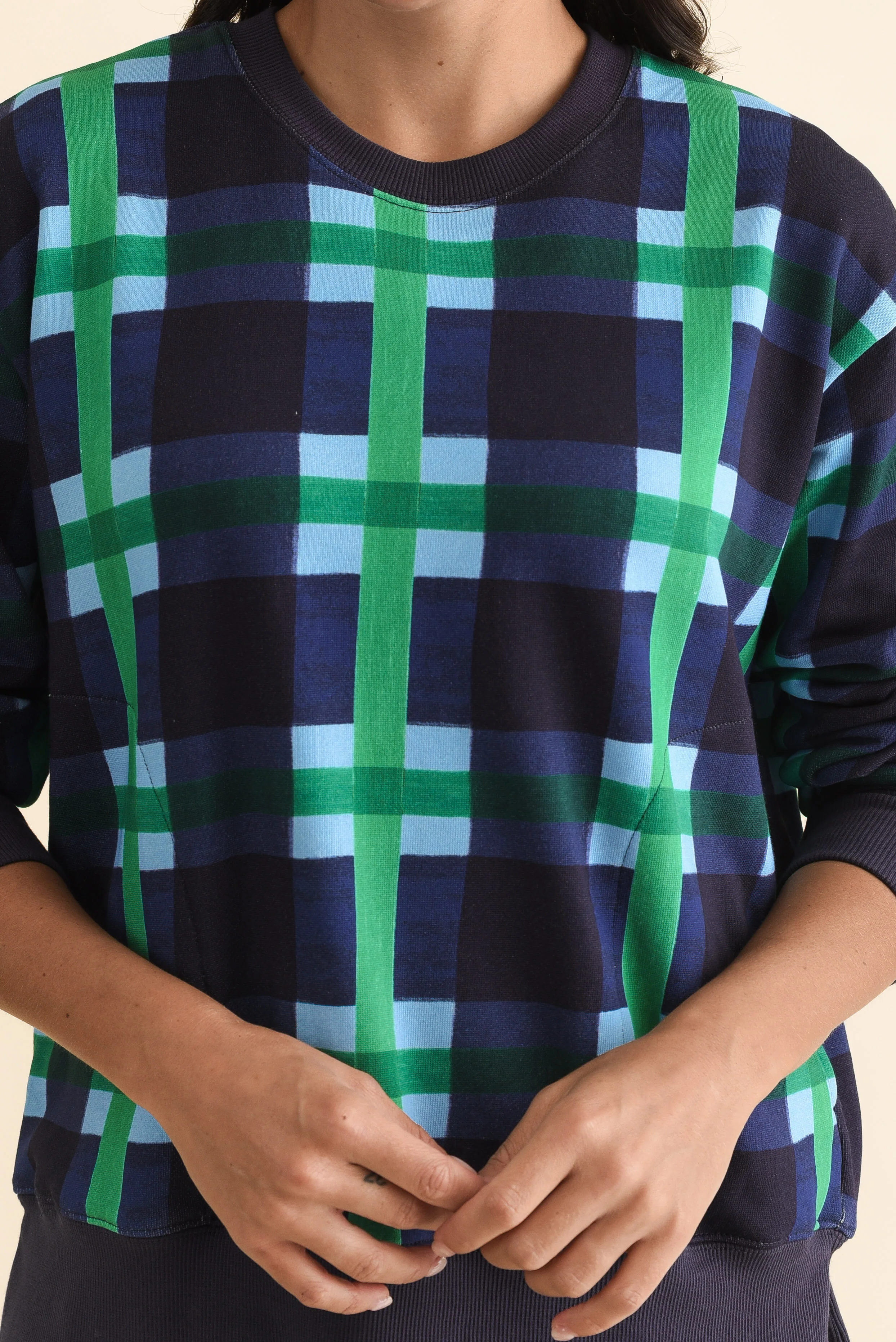 Bari Navy Check Cotton Crewneck Sweatshirt - Image 6