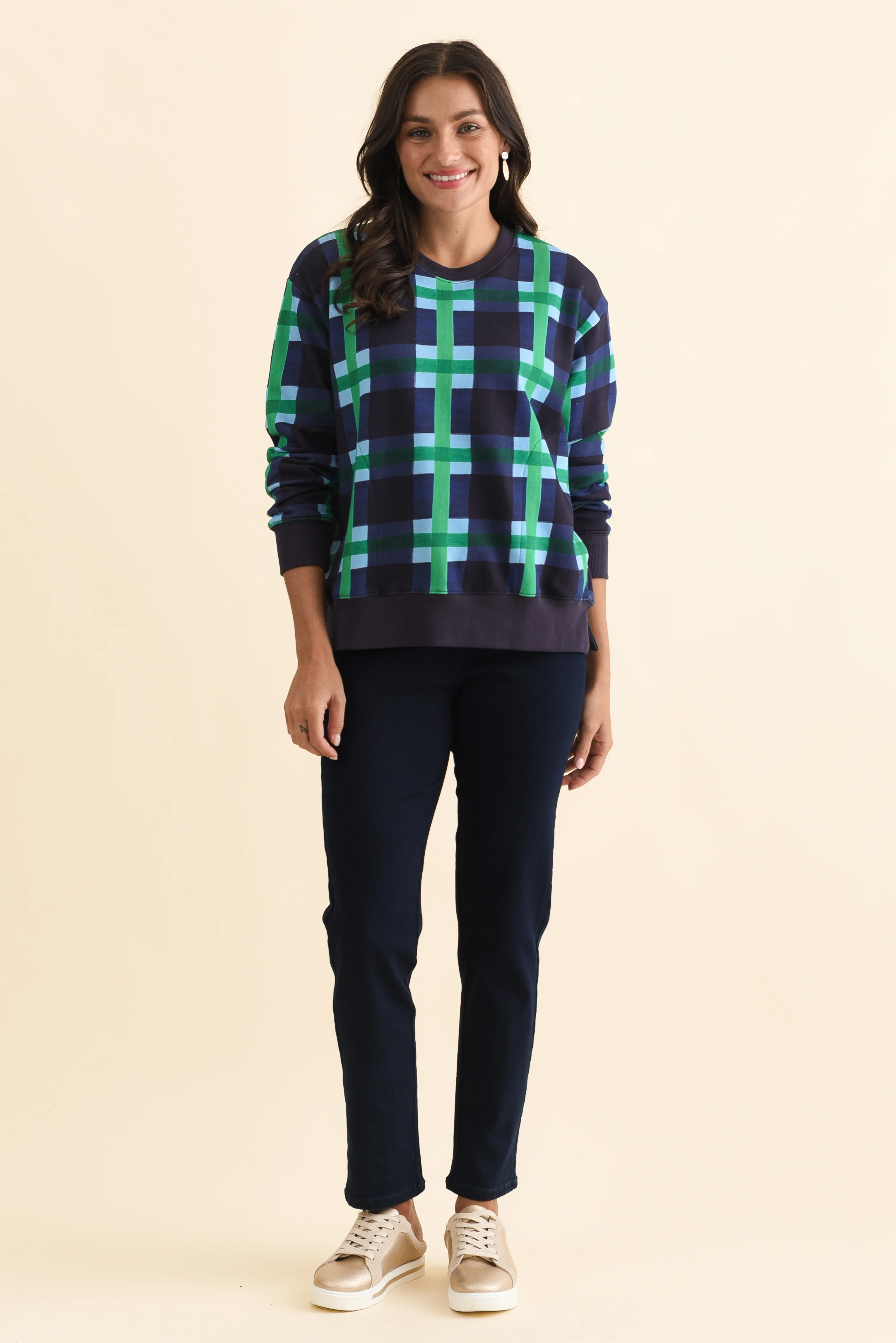 Bari Navy Check Cotton Crewneck Sweatshirt - Image 7