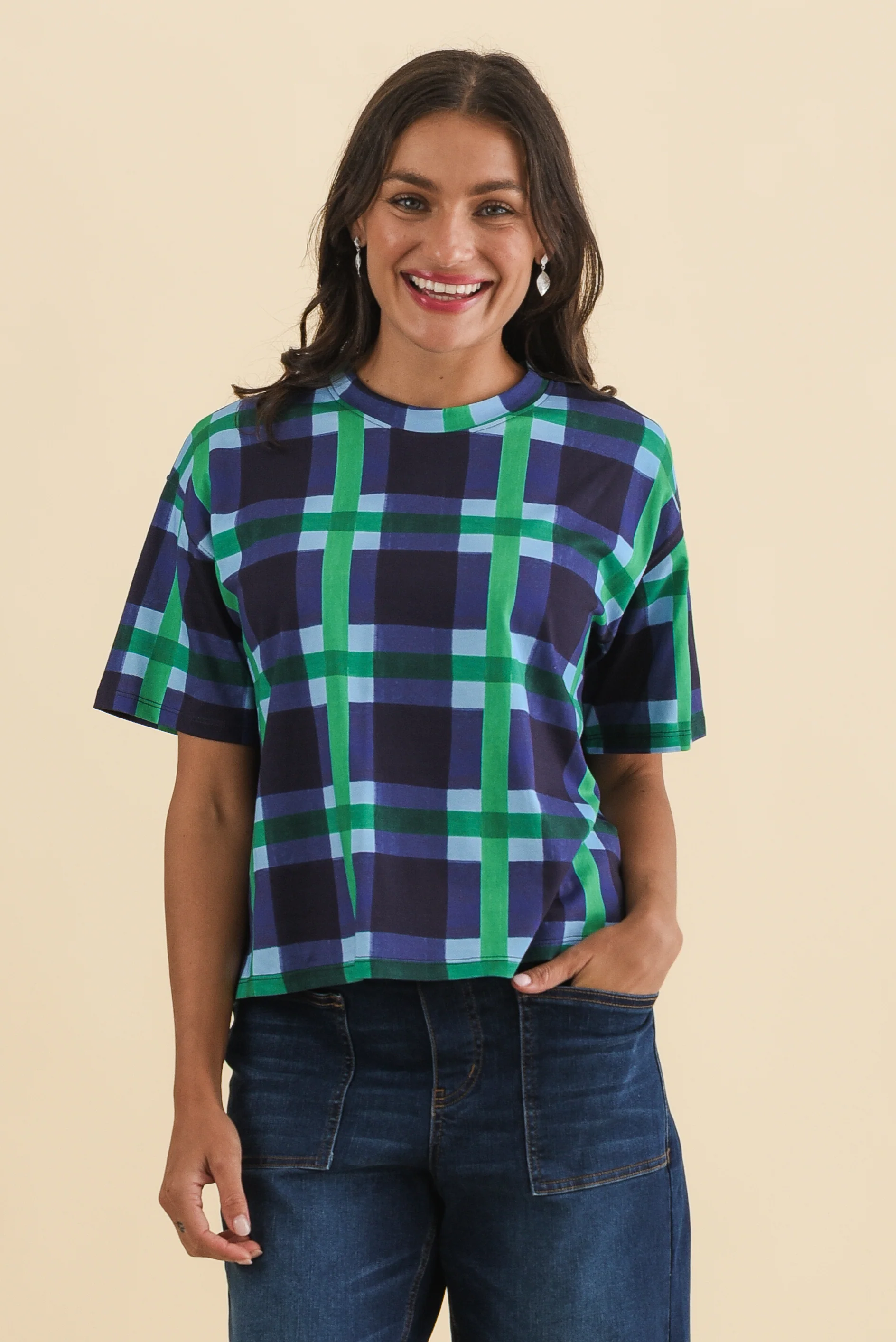 Bari Navy Check Cotton Tee
