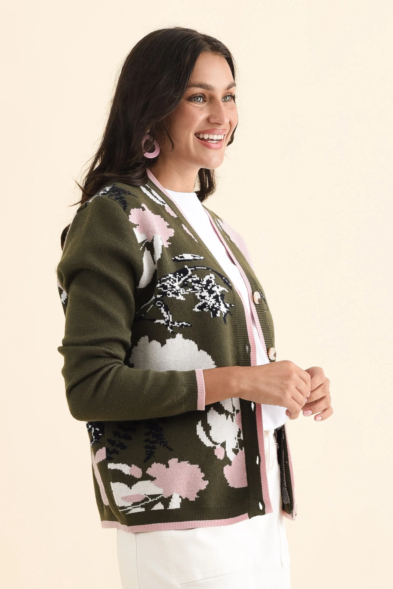 Bea Khaki Floral Knit Cardigan - Image 4