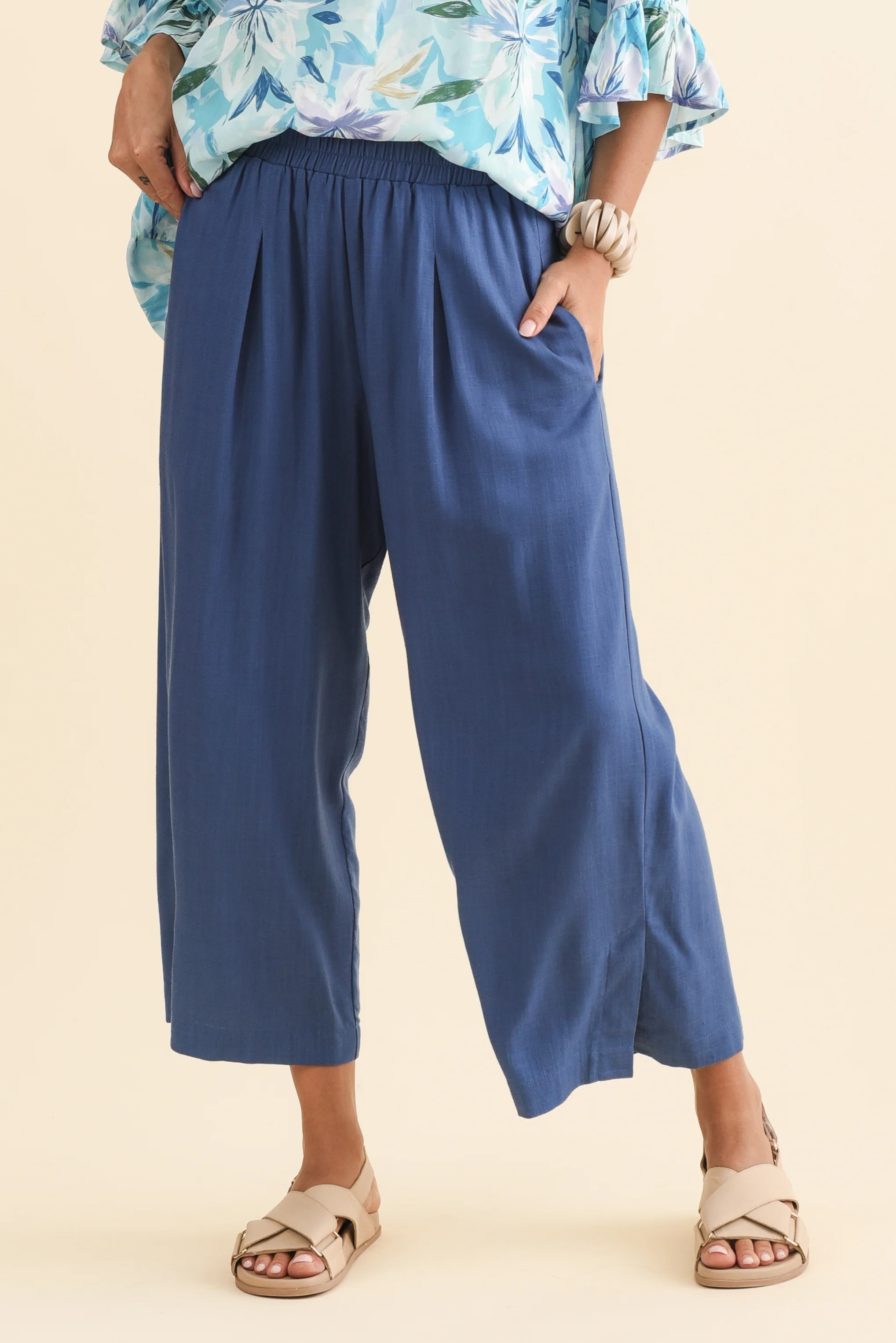 Belinda Blue Linen Blend Cropped Pants