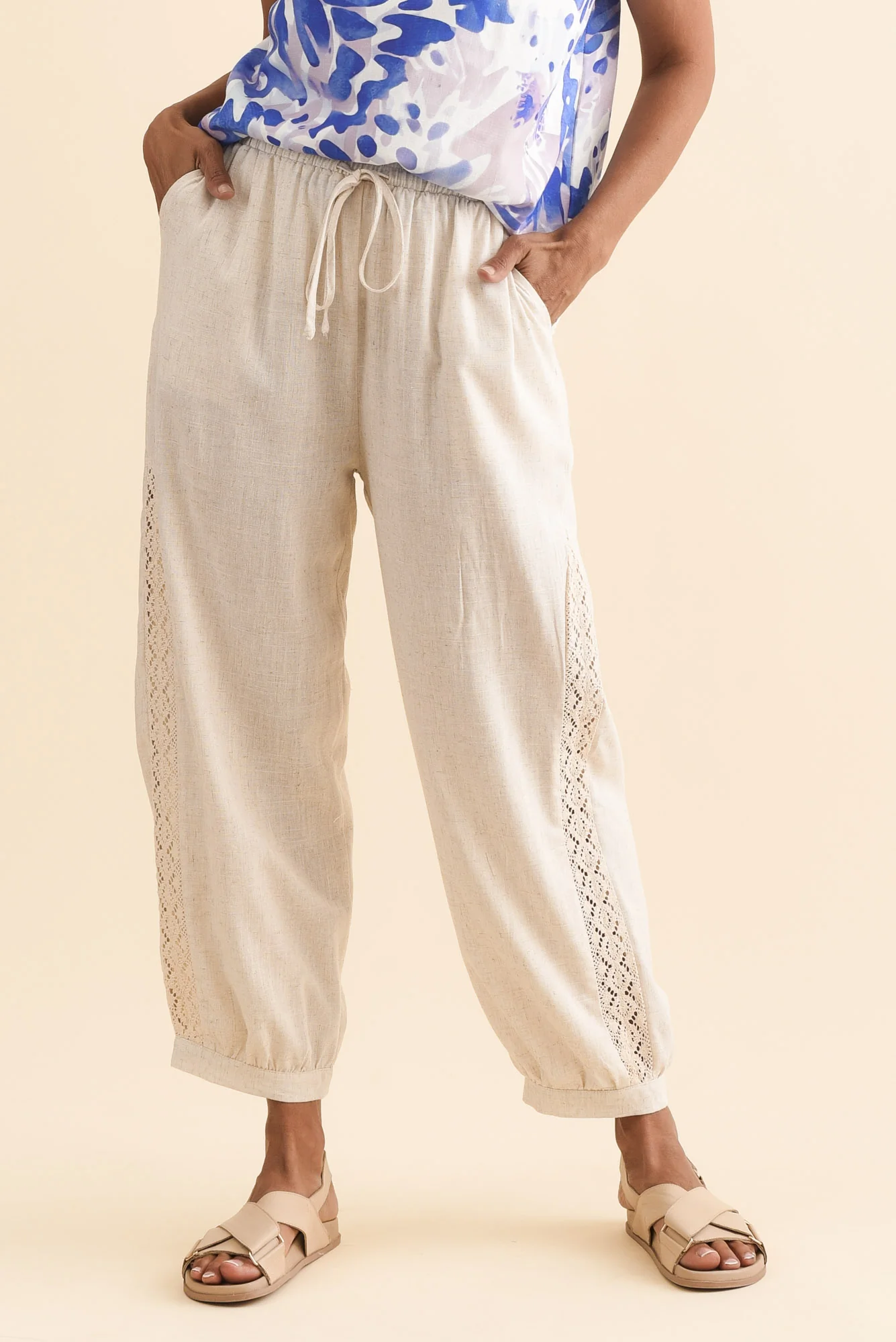 Beretta Beige Lace Linen Blend Pants