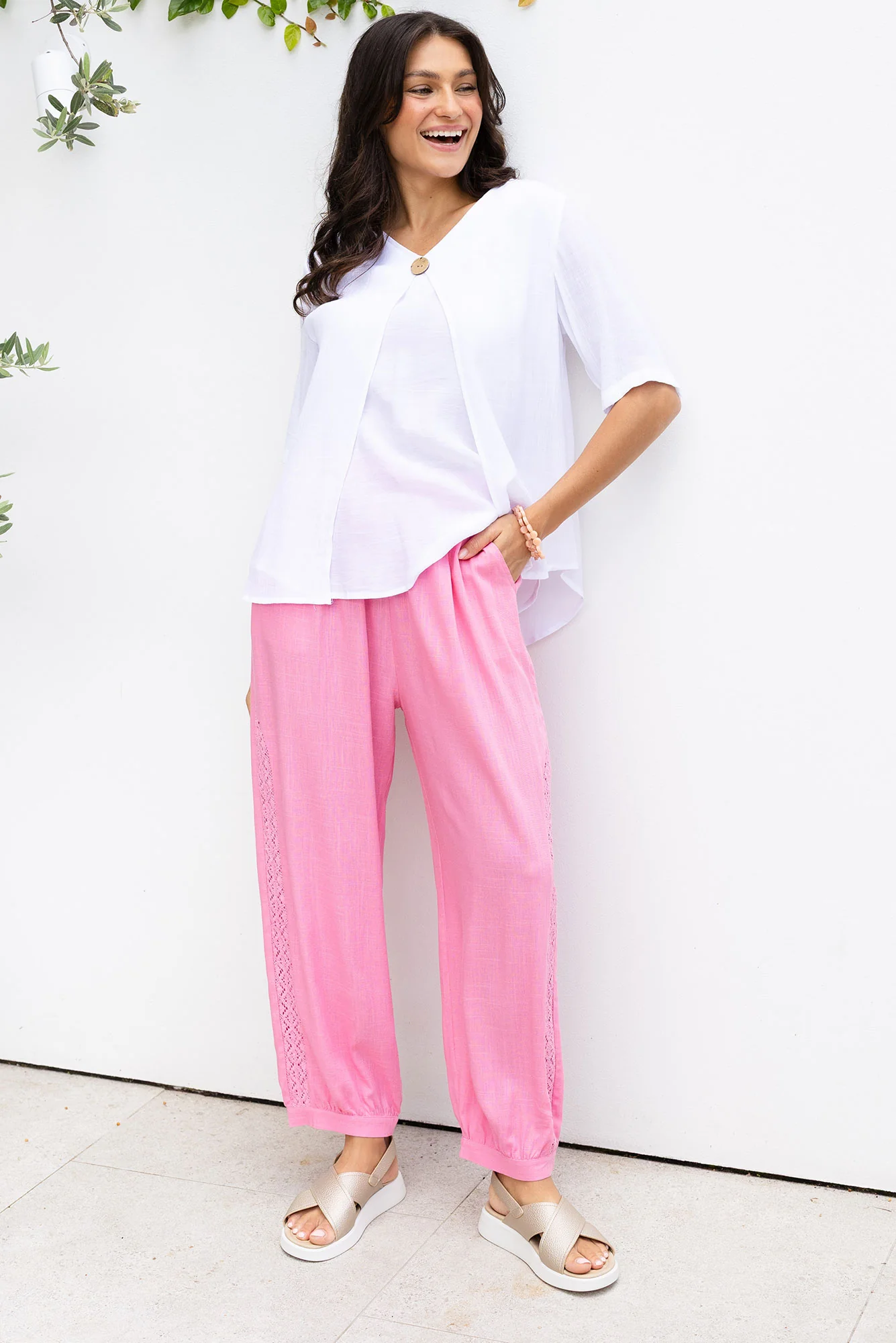 Beretta Pink Lace Linen Blend Pants