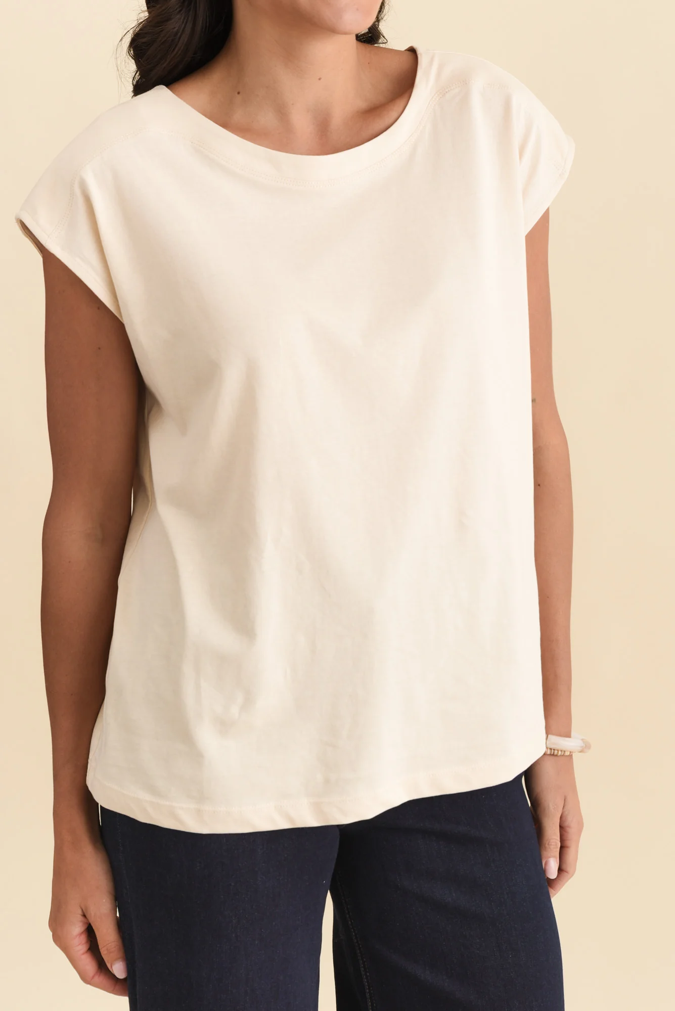 Beth Beige Cotton Boatneck Tee - Image 5