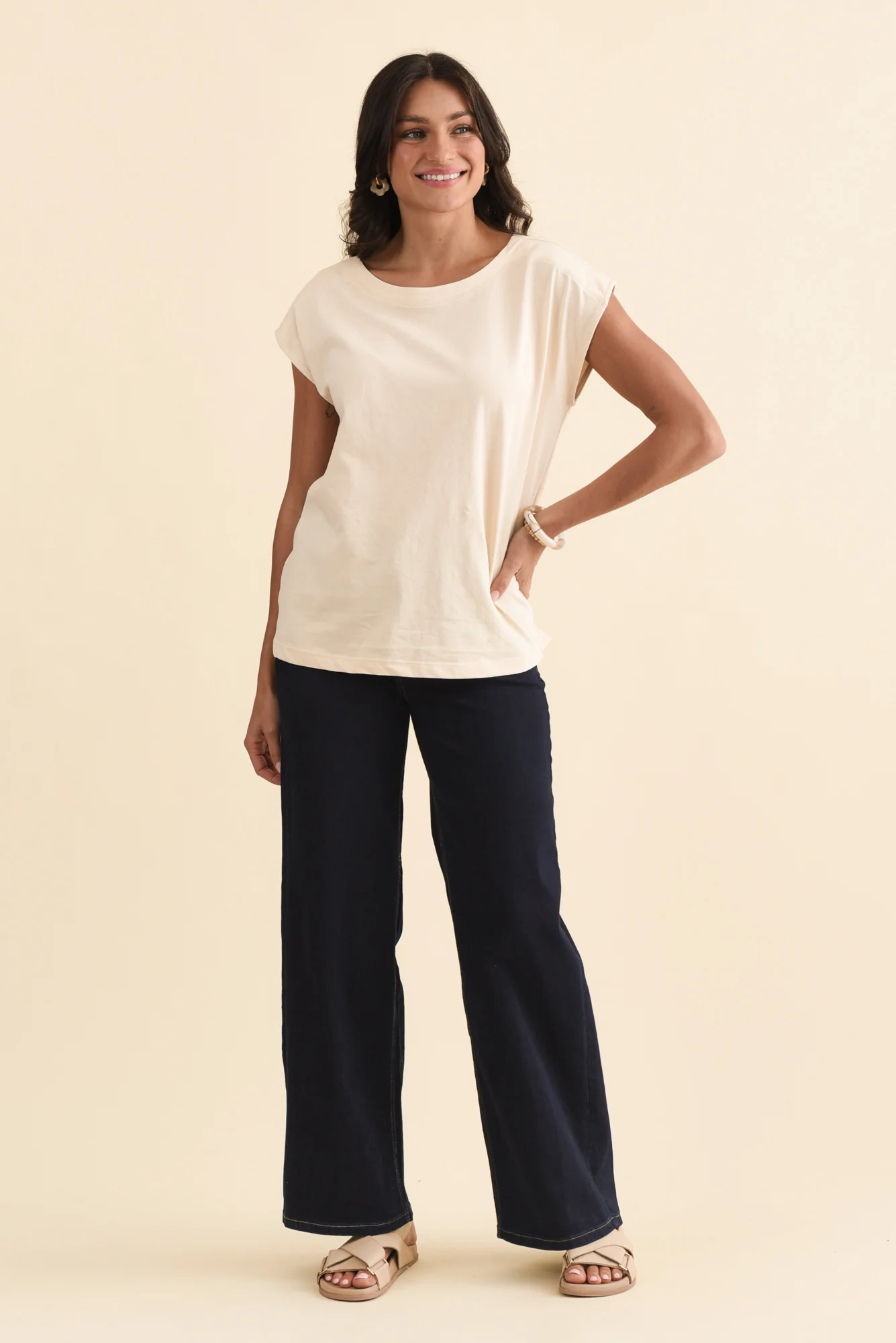 Beth Beige Cotton Boatneck Tee - Image 6