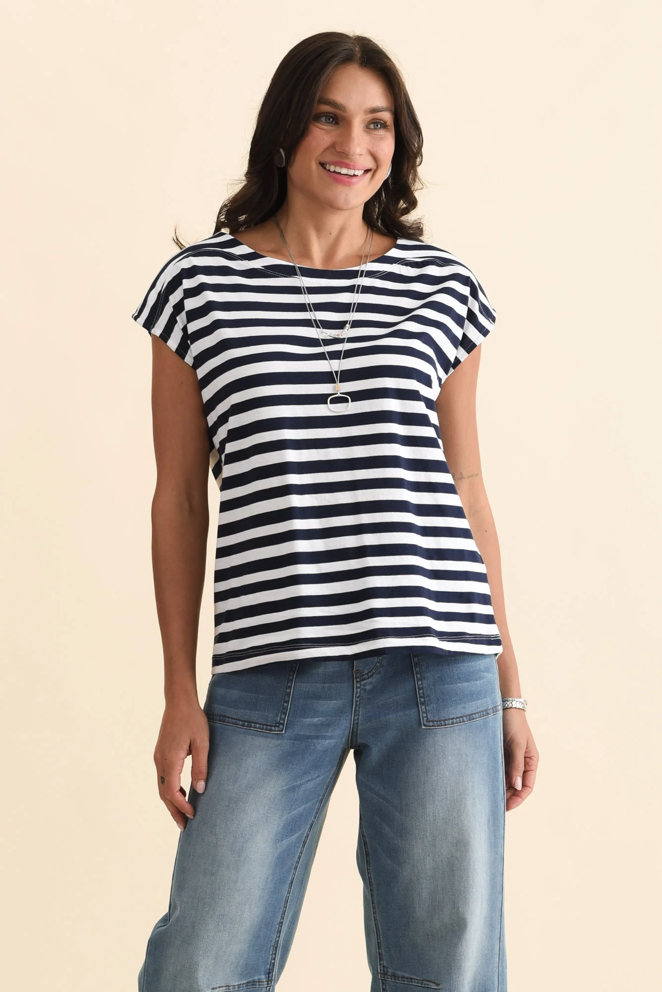 Beth Navy Stripe Cotton Boatneck Tee