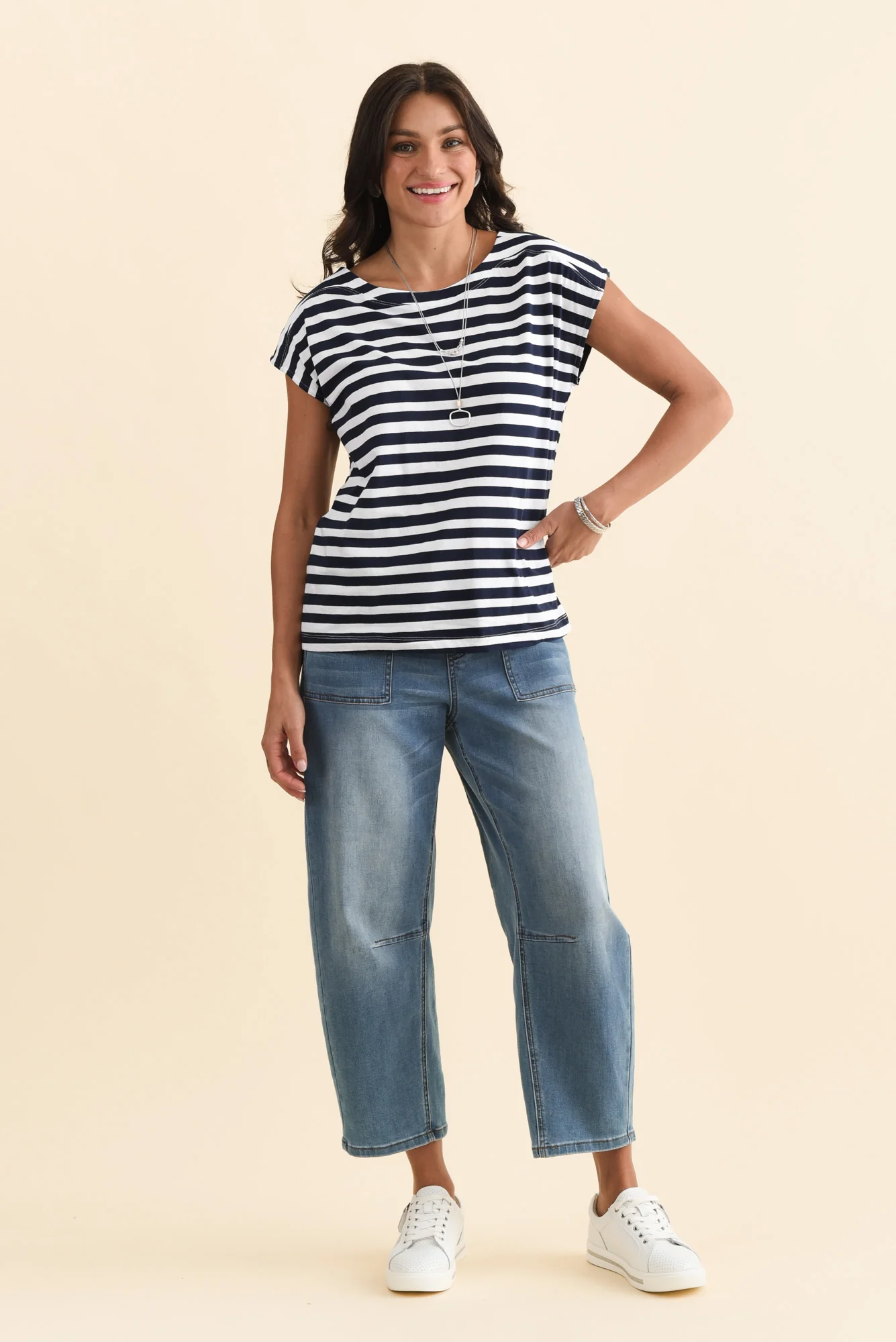 Beth Navy Stripe Cotton Boatneck Tee - Image 6