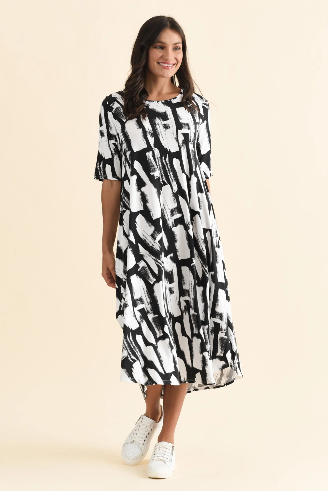 Black Brush Stroke Micro Modal Tri Drape Dress - Image 6