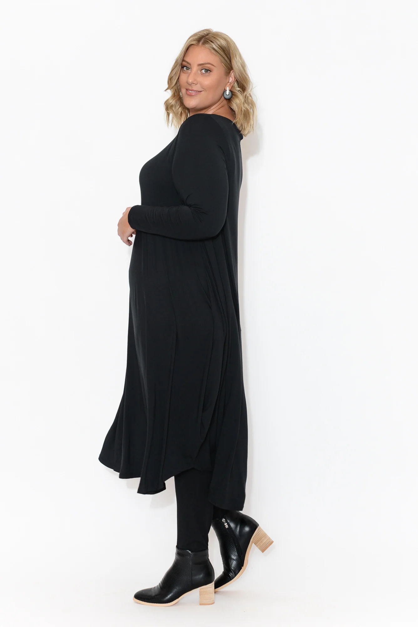 Black Long Sleeved Micro Modal Drape Dress - Image 10
