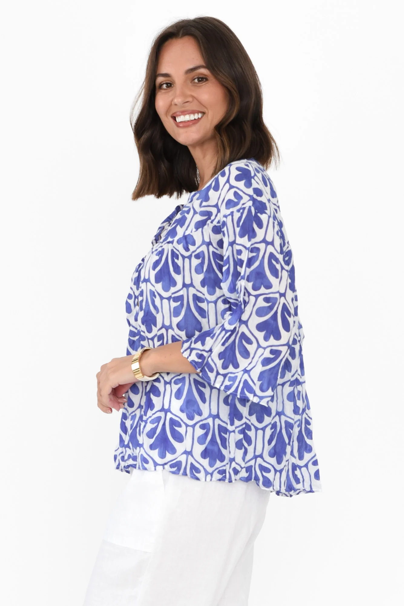 Blaise Blue Abstract Cotton Button Top - Image 3