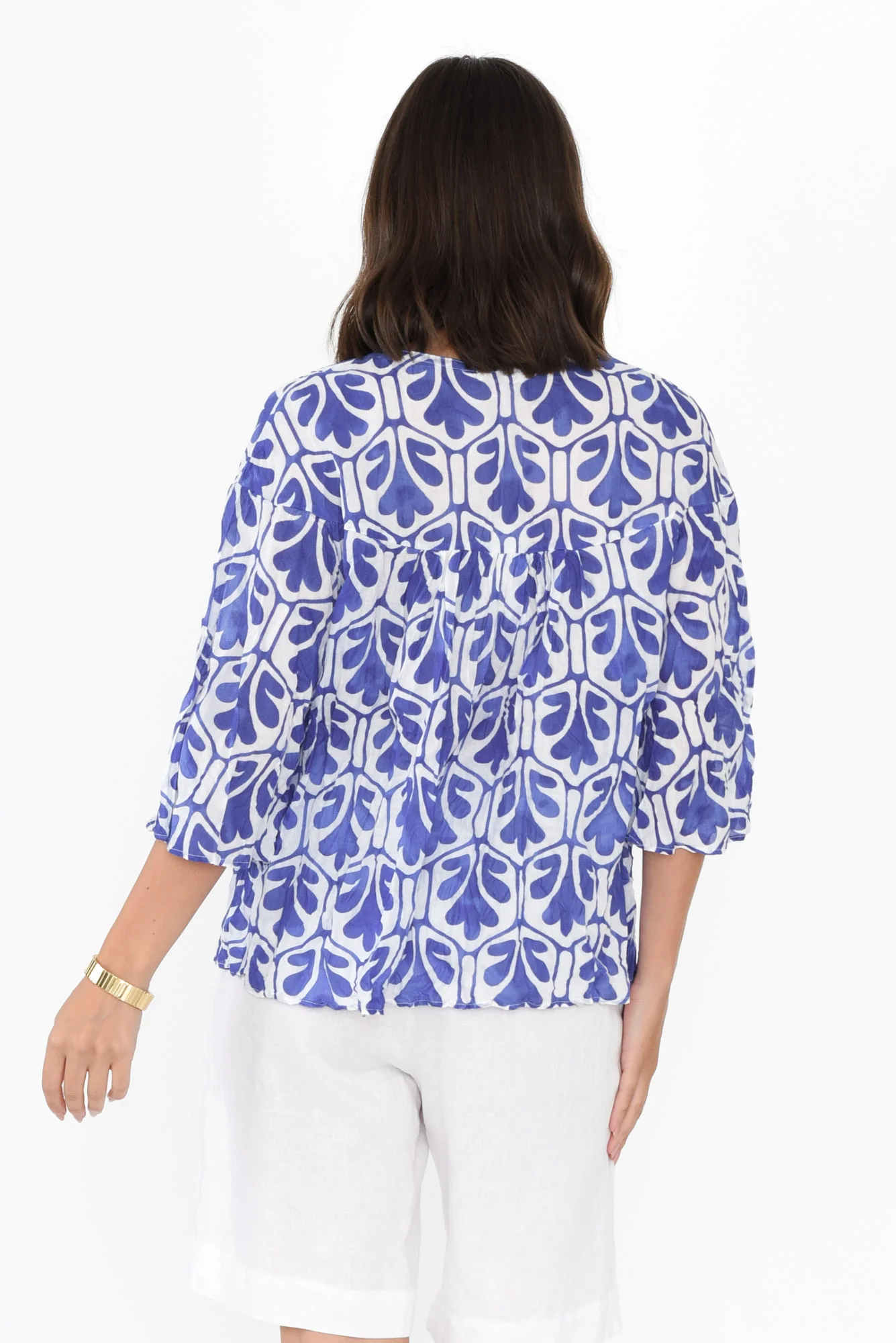 Blaise Blue Abstract Cotton Button Top - Image 4