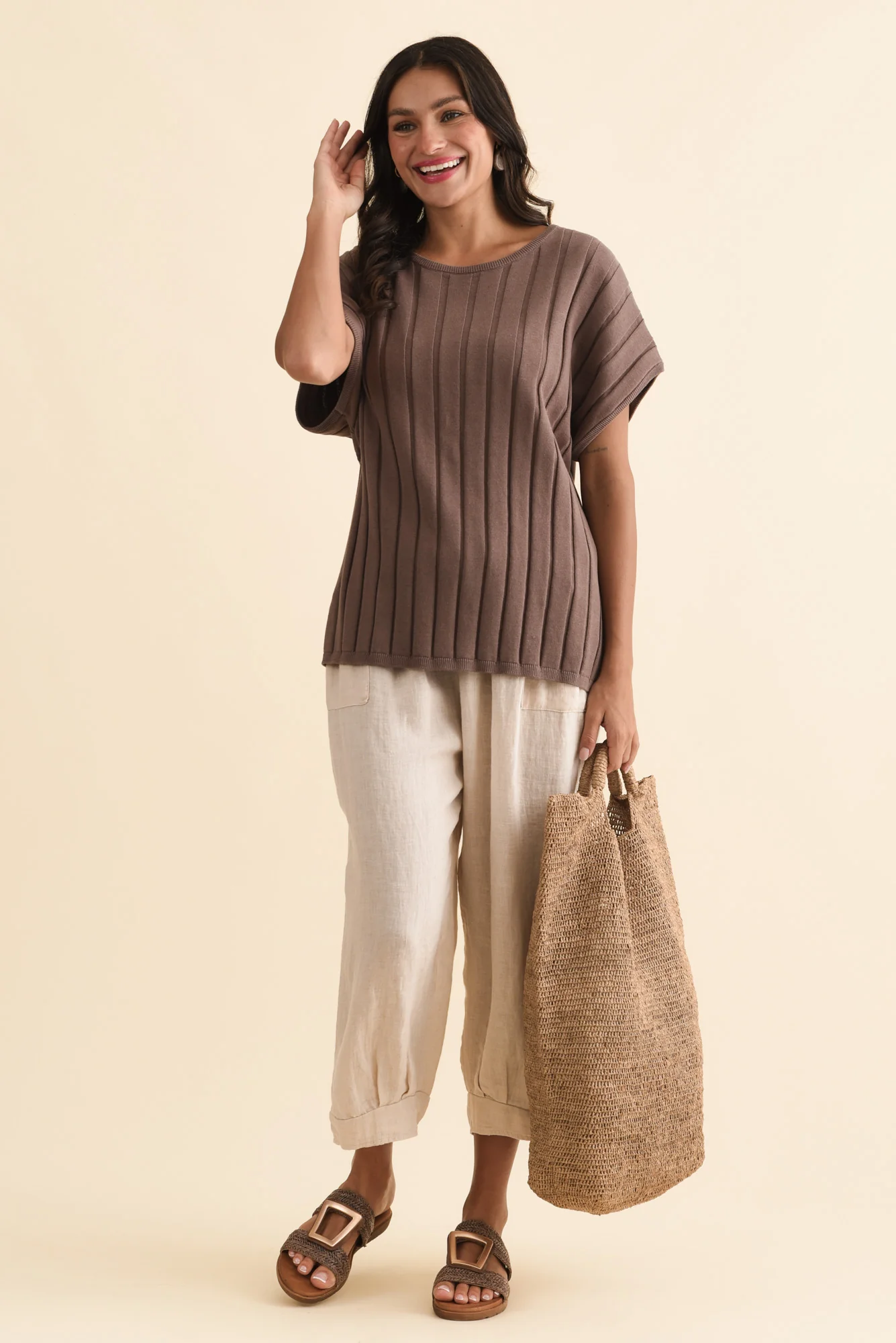 Blake Mocha Cotton Linen Knit Top - Image 3