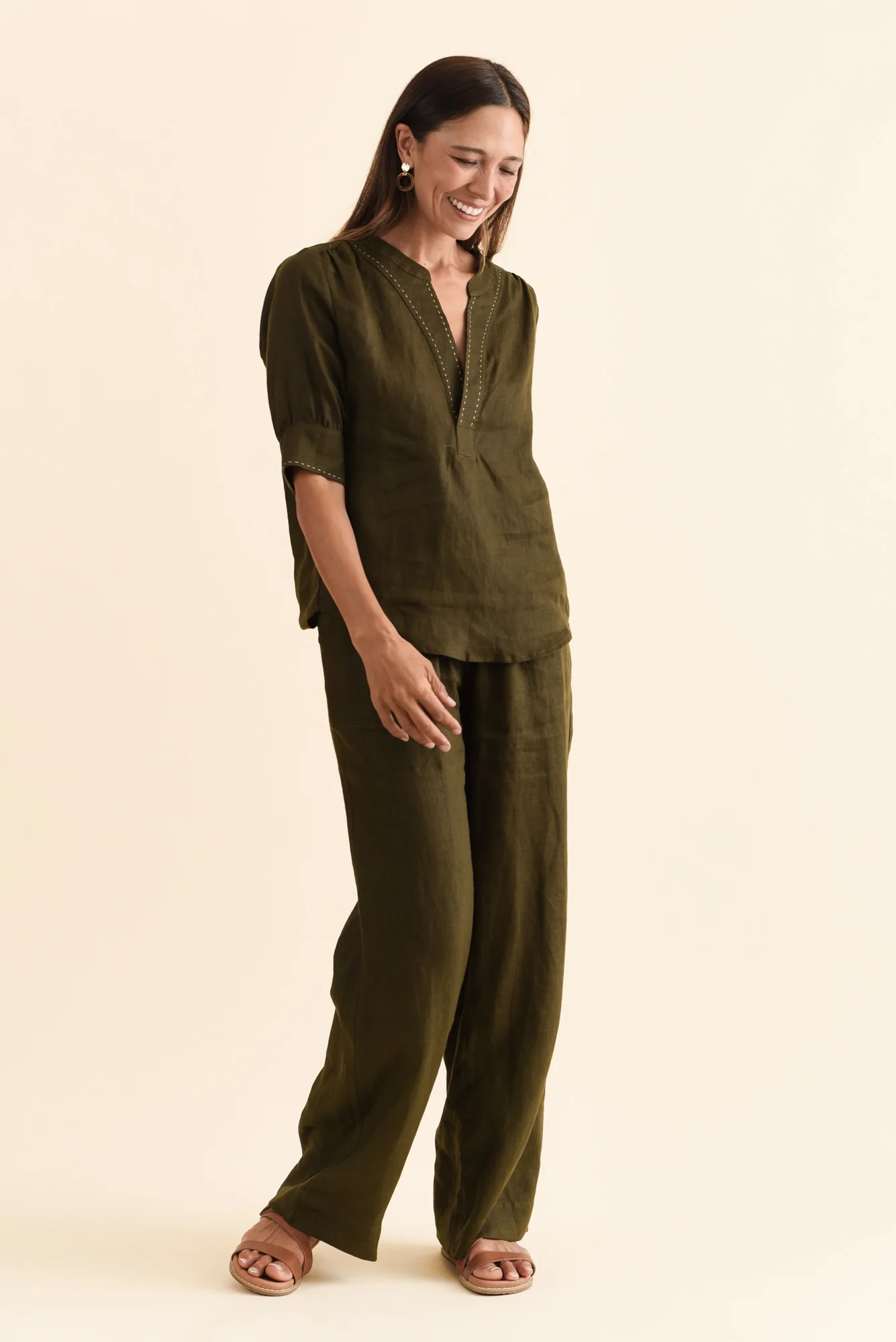 Bradley Khaki Linen Contrast Stitch Top - Image 6