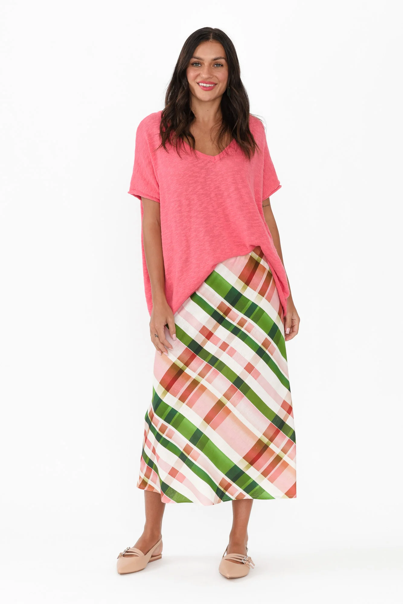 Bree Pink Check Linen Blend Skirt - Image 2