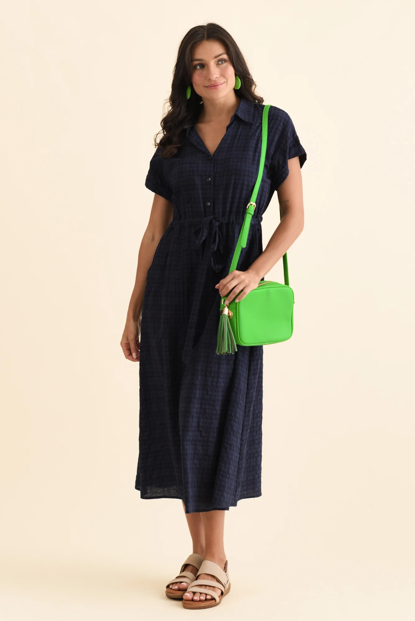 Brydie Navy Check Cotton Blend Dress