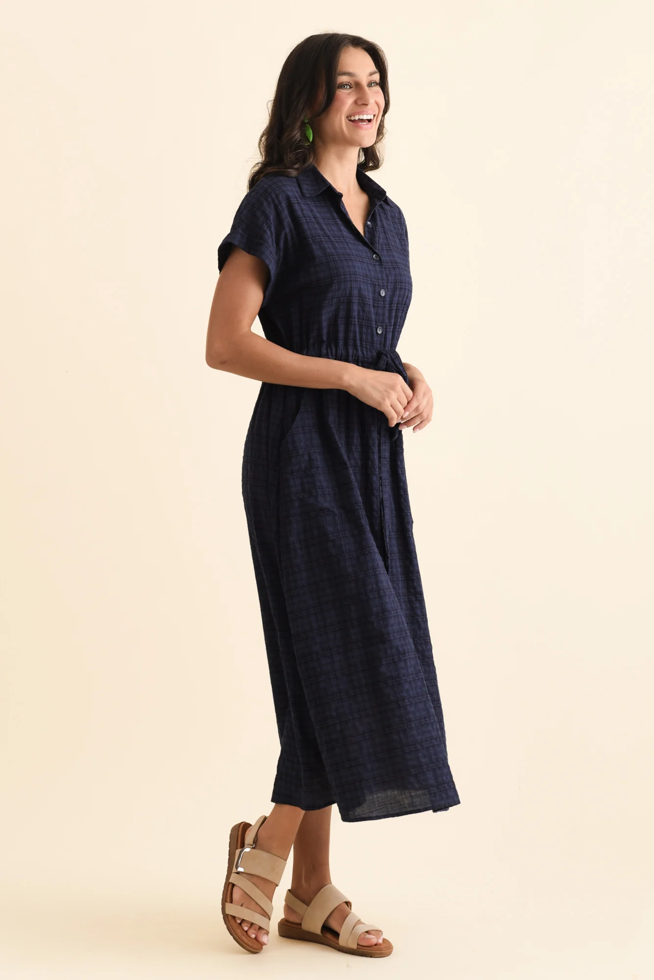 Brydie Navy Check Cotton Blend Dress - Image 3