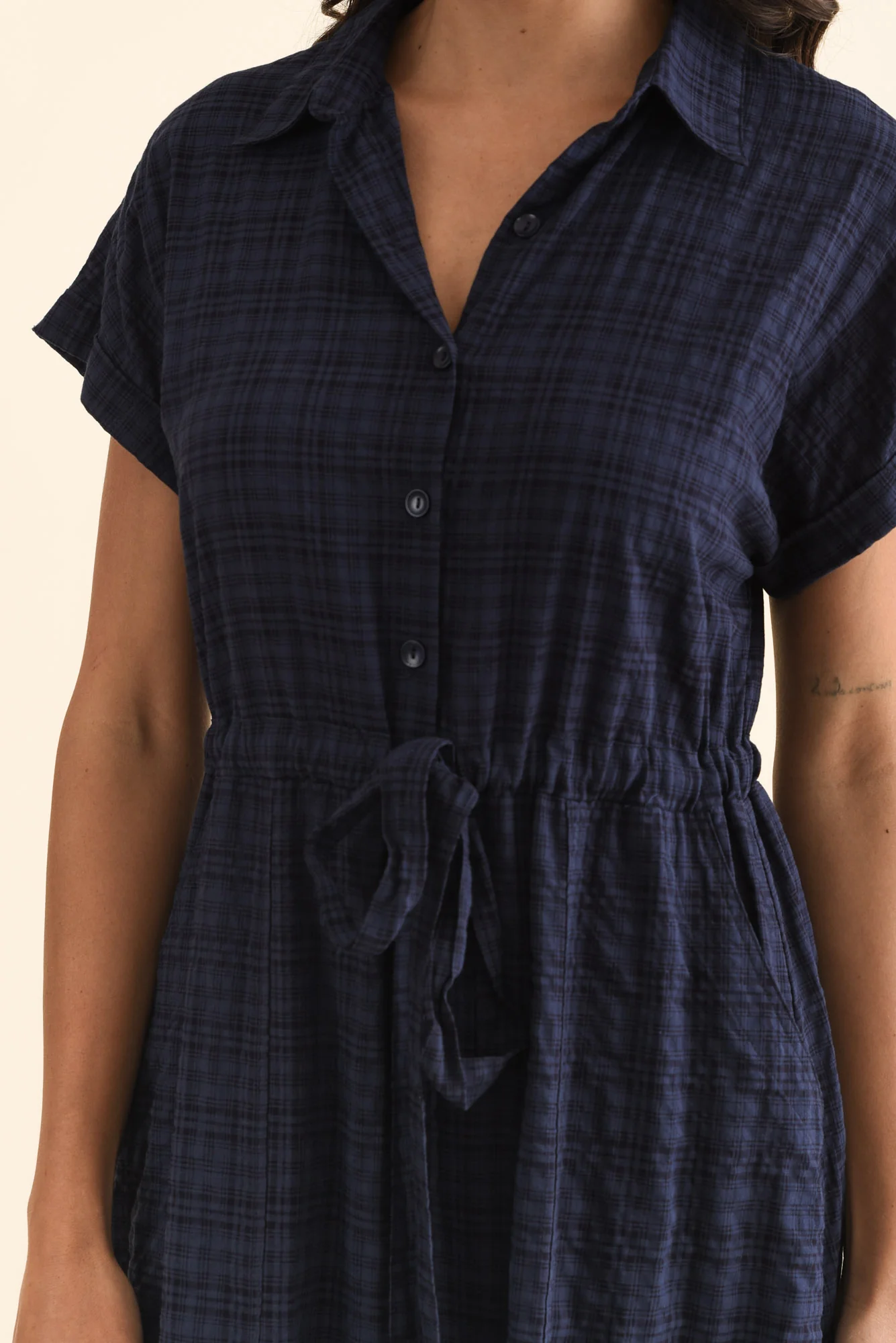 Brydie Navy Check Cotton Blend Dress - Image 5
