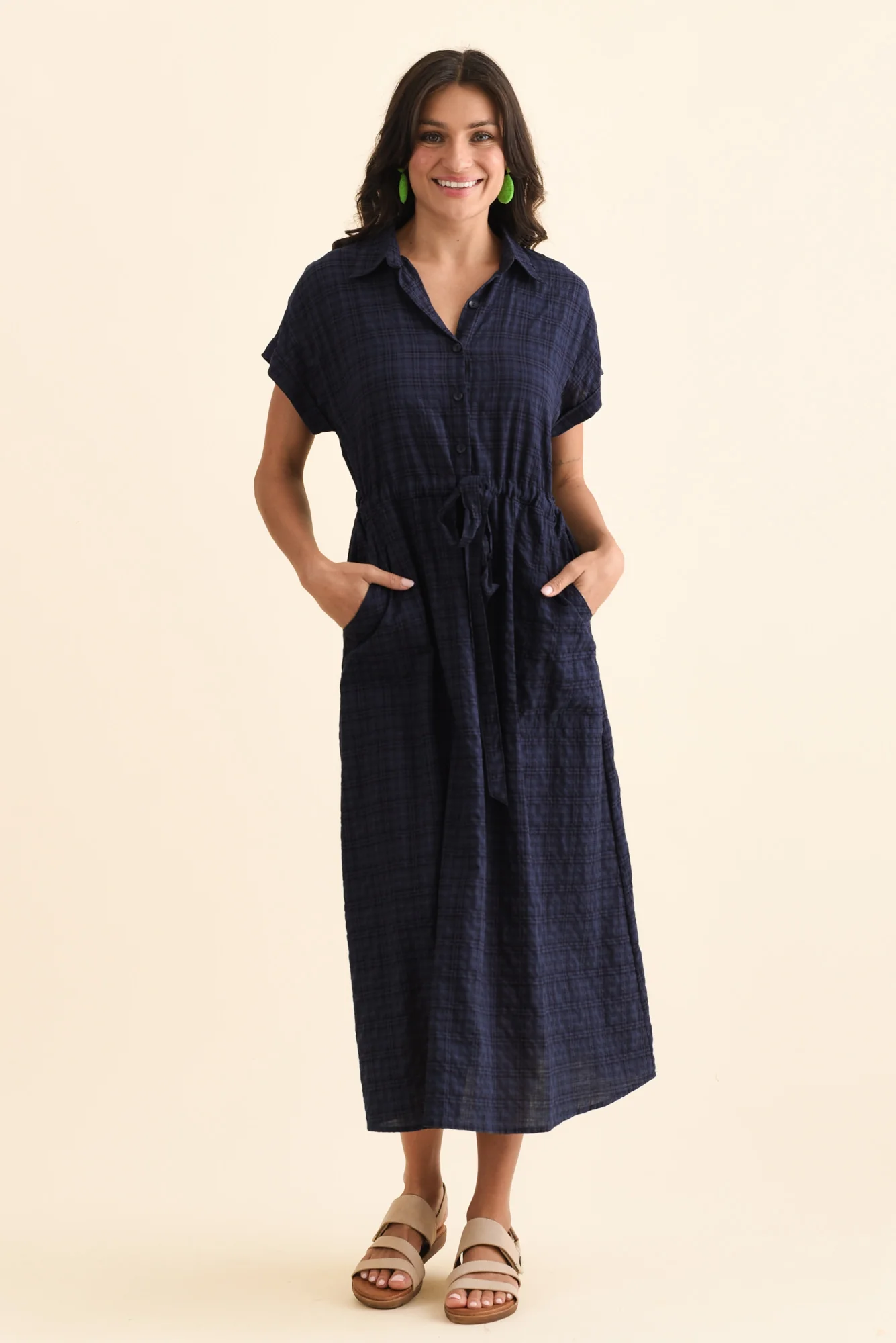 Brydie Navy Check Cotton Blend Dress - Image 6