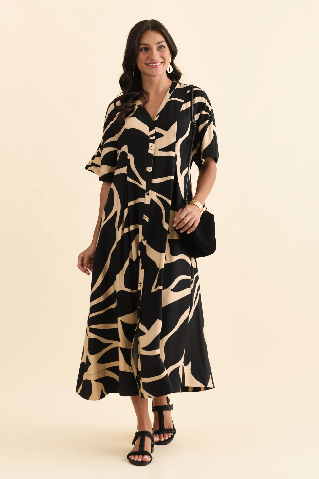 Camille Black Abstract Button Dress - Image 2