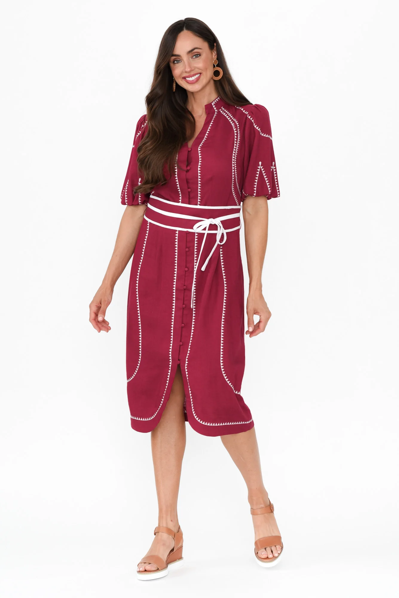 Carlyle Crimson Embroidered Linen Blend Dress - Image 7
